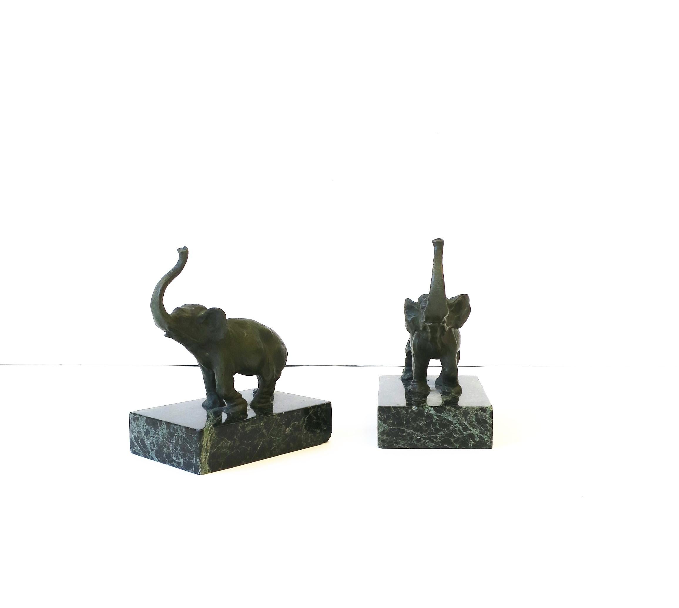 Bronze and Dark Green Marble Elephant Bookends, Pair 1