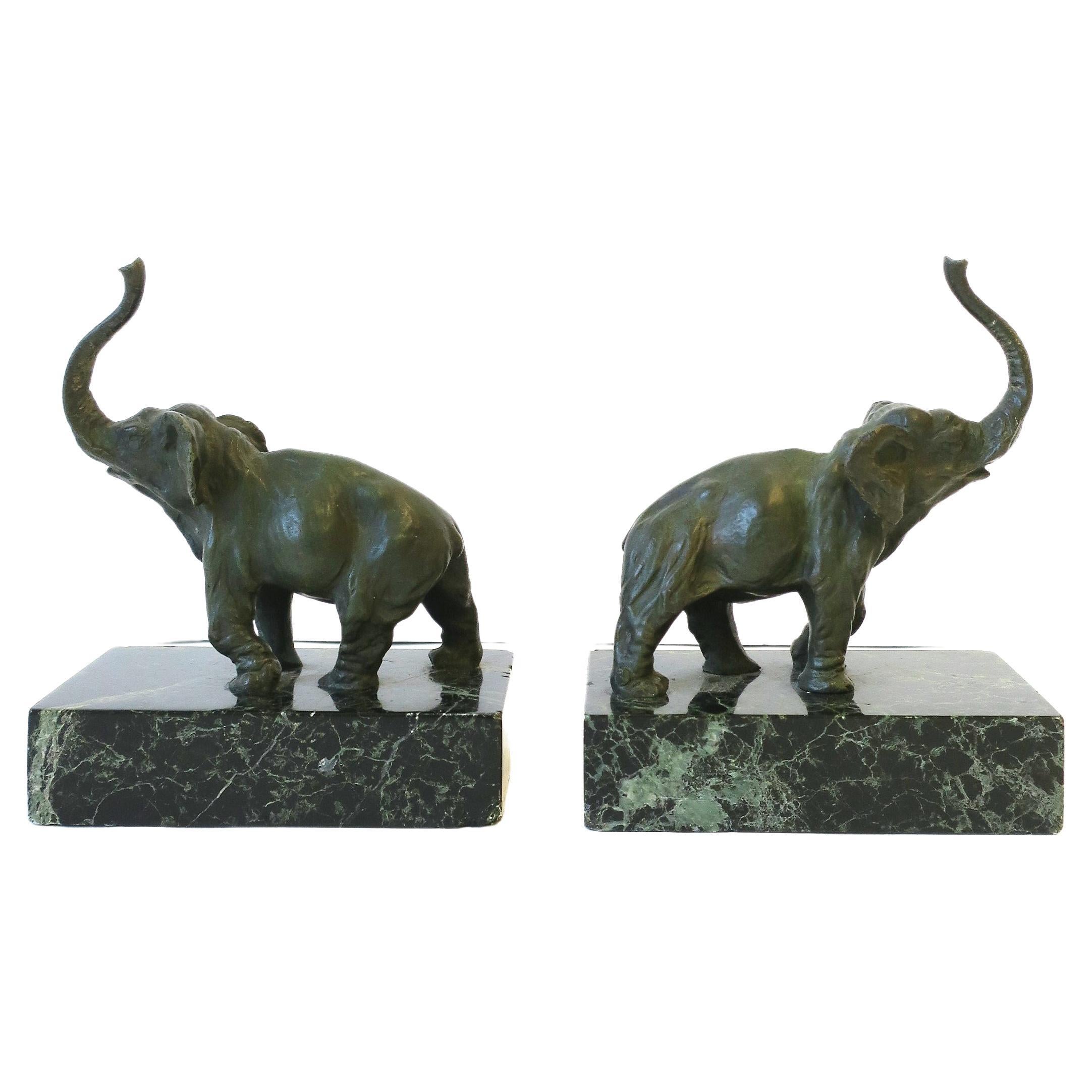 Bronze and Dark Green Marble Elephant Bookends, Pair