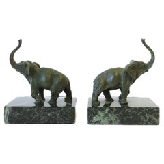 Bronze and Dark Green Marble Elephant Bookends, Pair