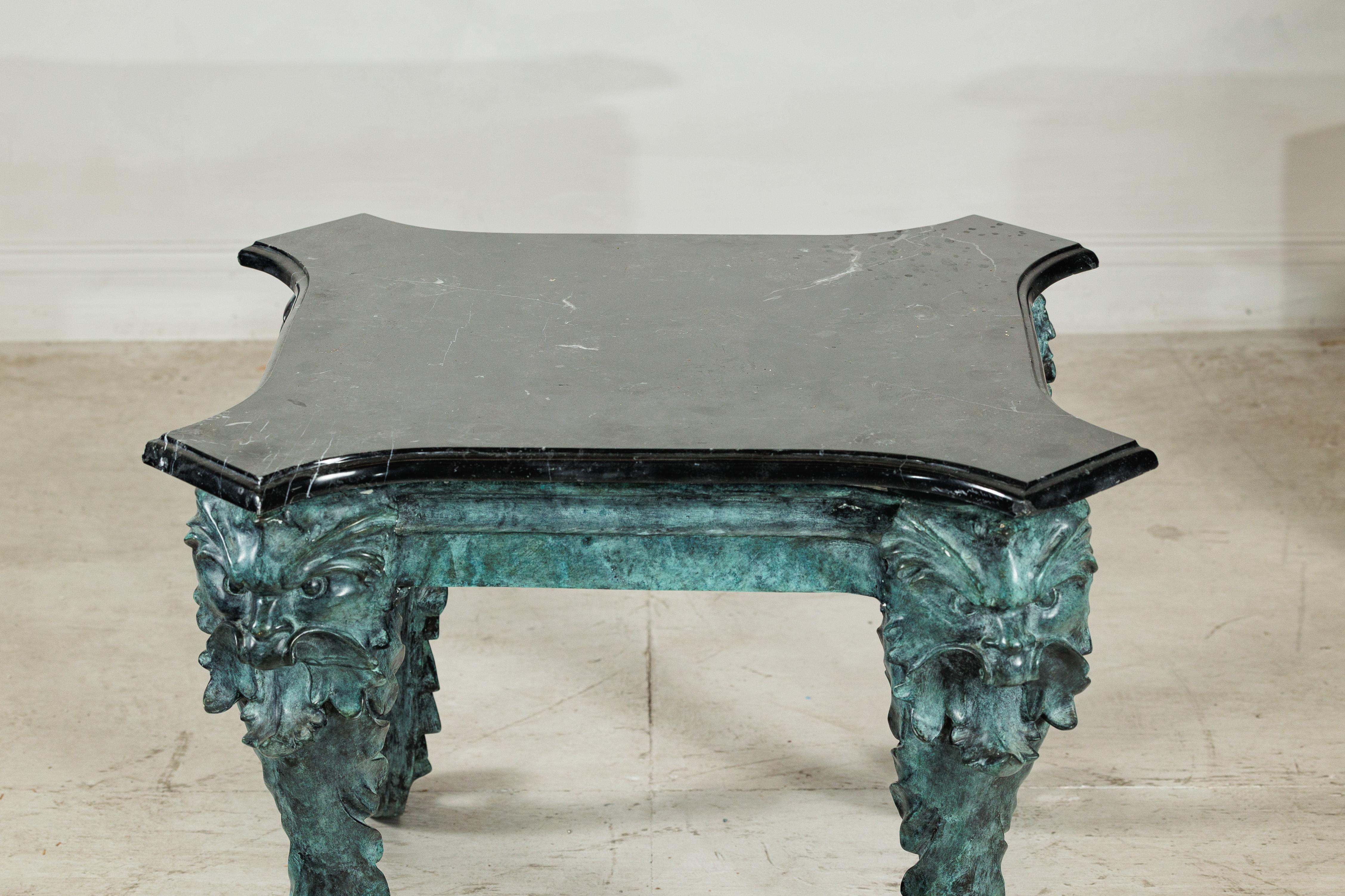 Bronze Verdigris Table with Black Marble Top and Sculptural Mask Legs en vente 5