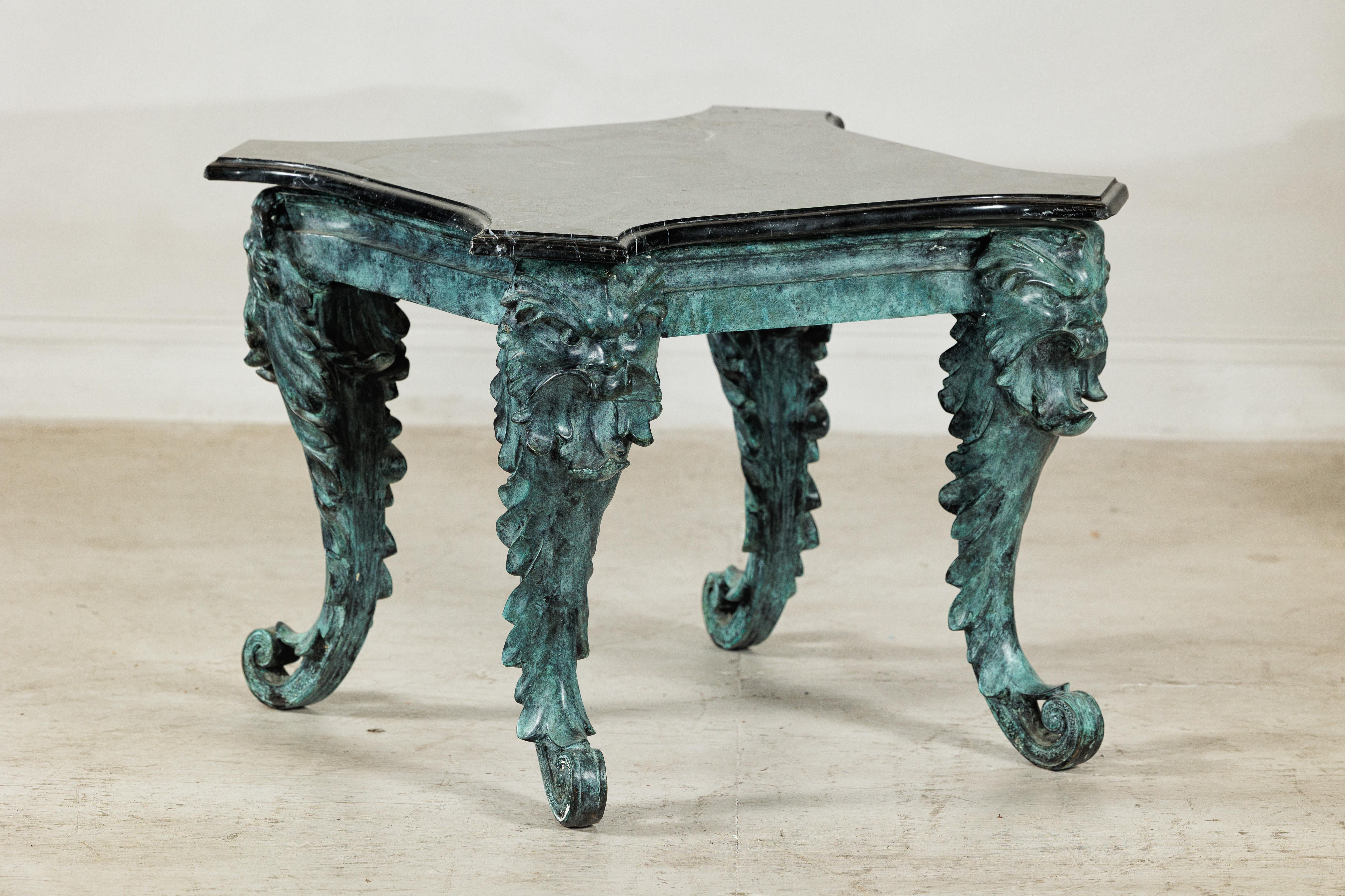 Bronze Verdigris Table with Black Marble Top and Sculptural Mask Legs en vente 6