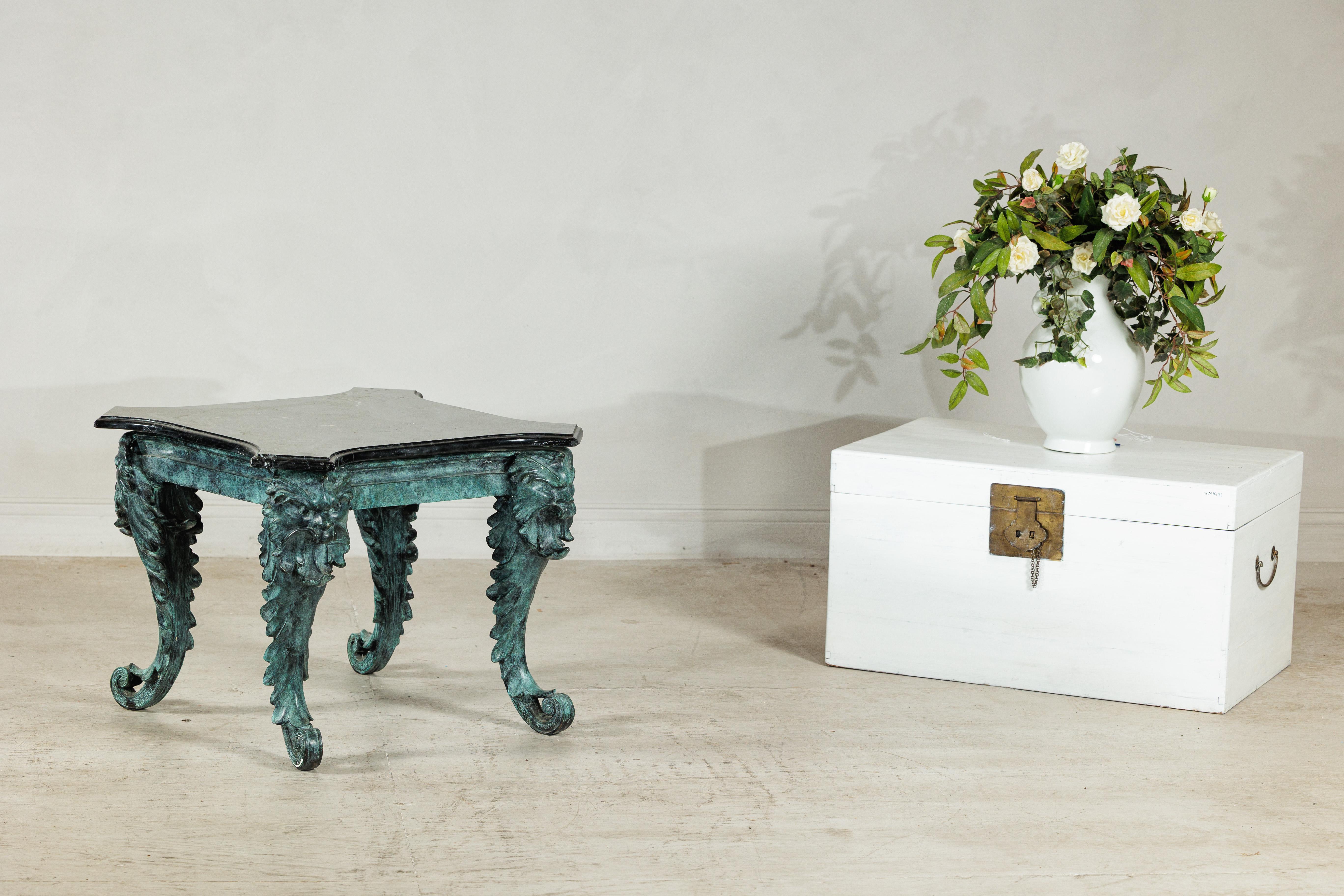 Bronze Verdigris Table with Black Marble Top and Sculptural Mask Legs en vente 7