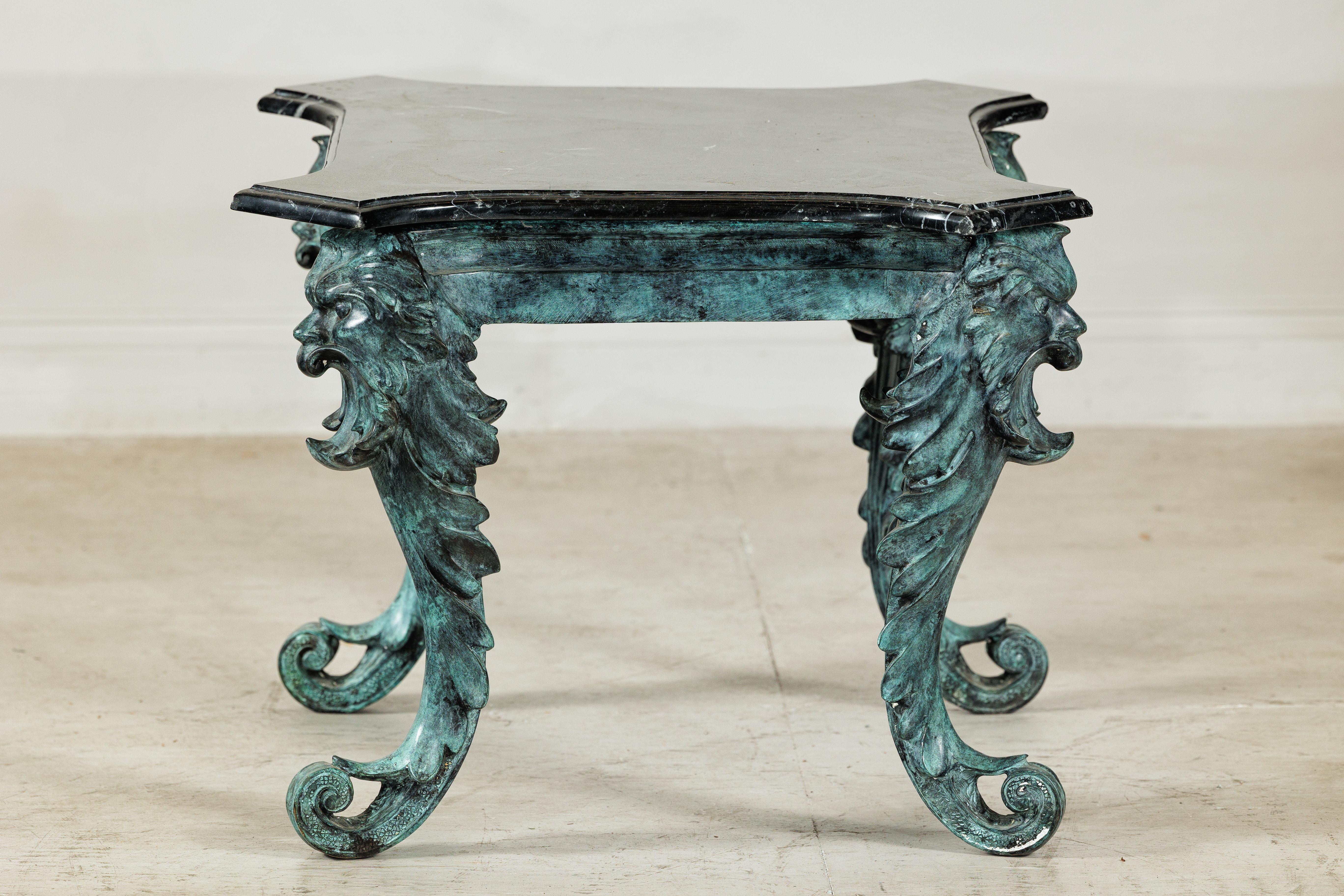 Bronze Verdigris Table with Black Marble Top and Sculptural Mask Legs en vente 8