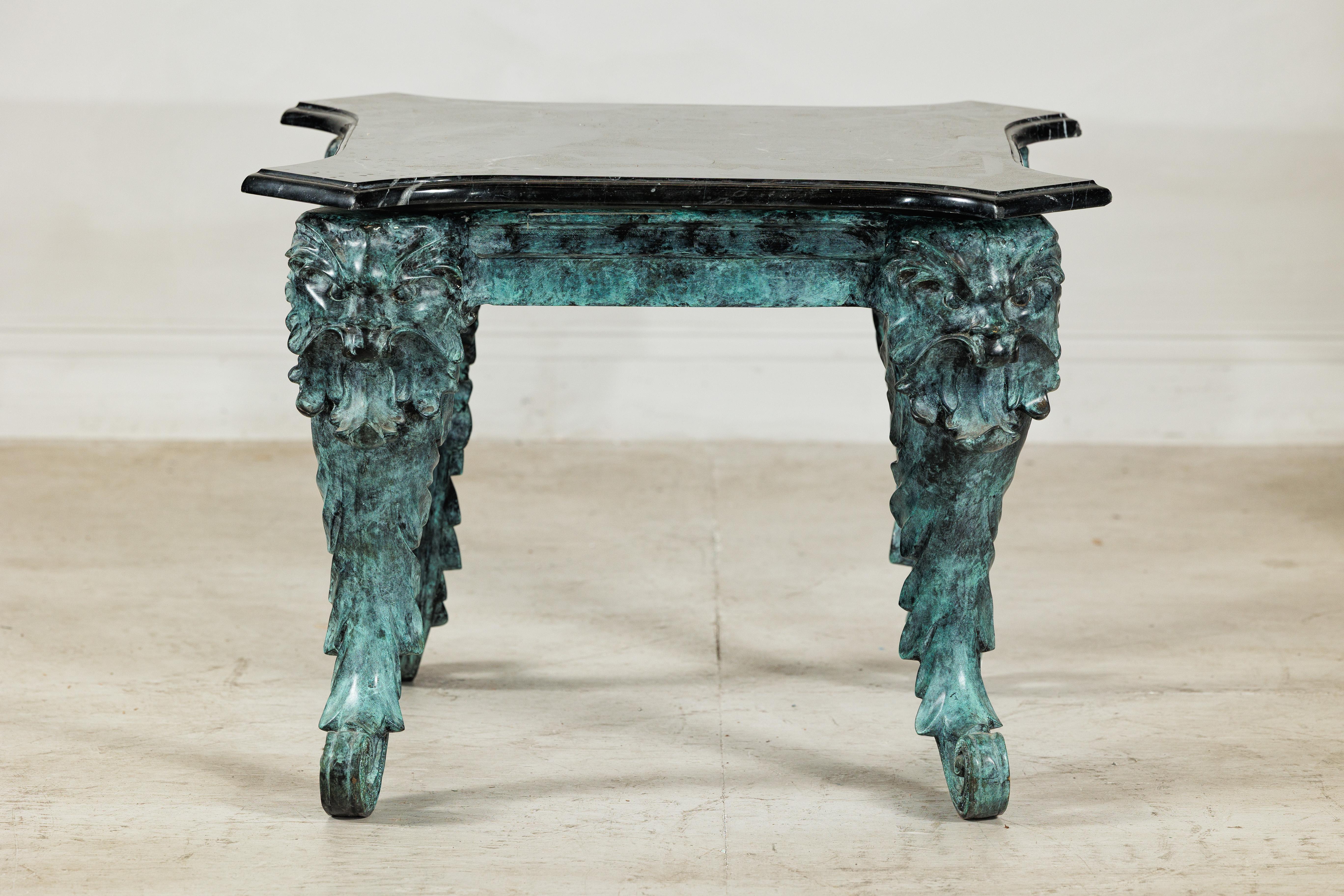 Bronze Verdigris Table with Black Marble Top and Sculptural Mask Legs en vente 10