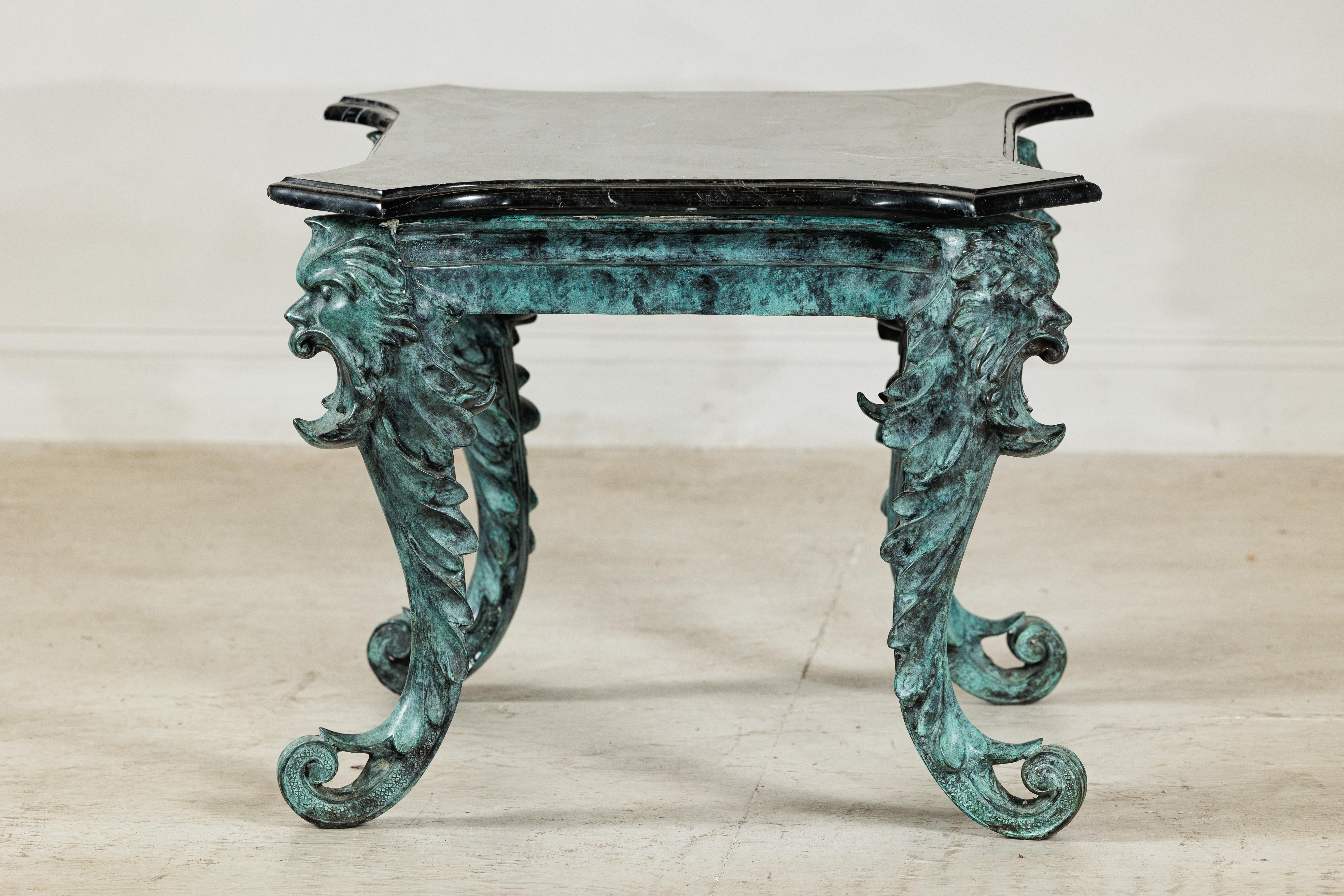 Bronze Verdigris Table with Black Marble Top and Sculptural Mask Legs en vente 11