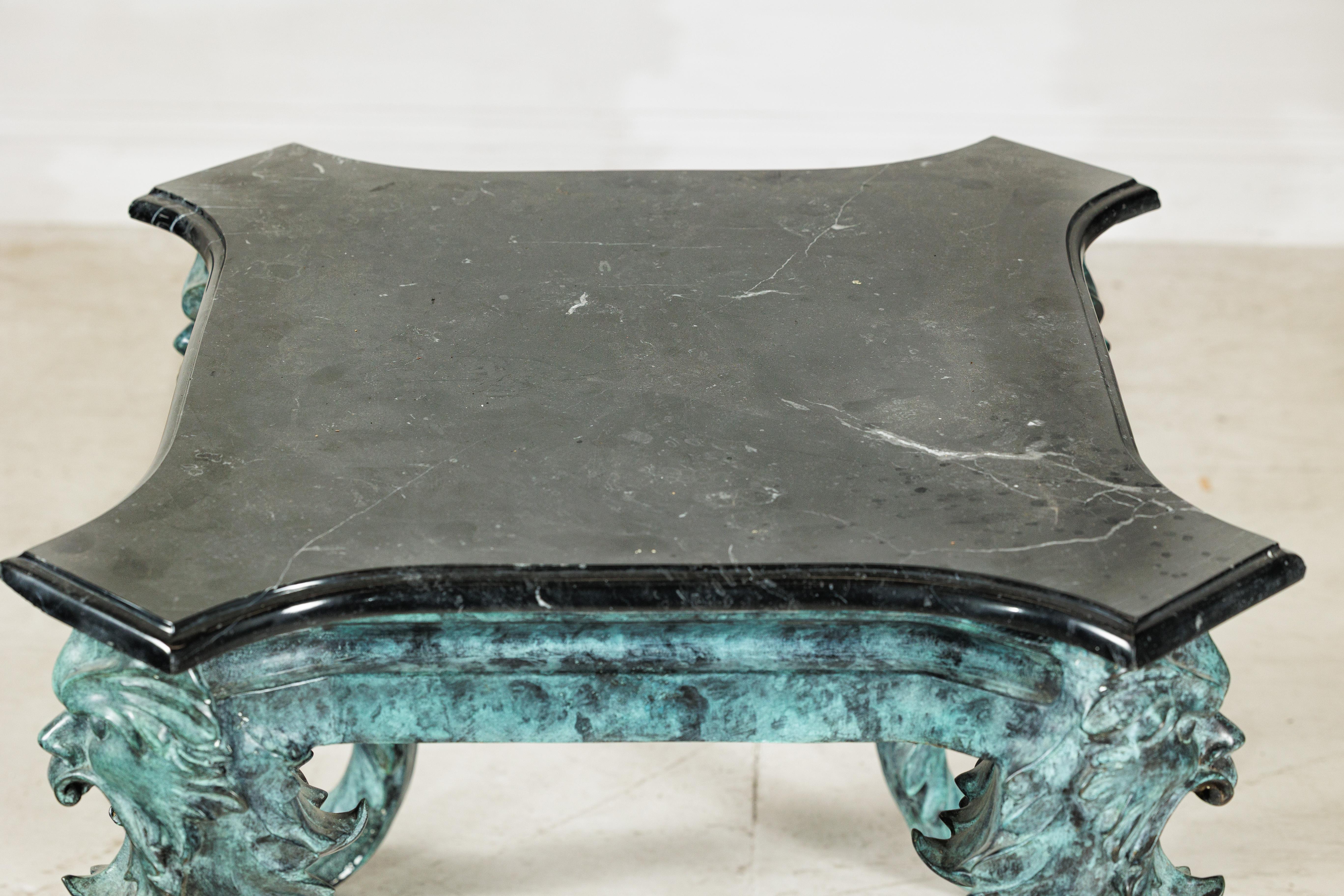Bronze Verdigris Table with Black Marble Top and Sculptural Mask Legs en vente 12