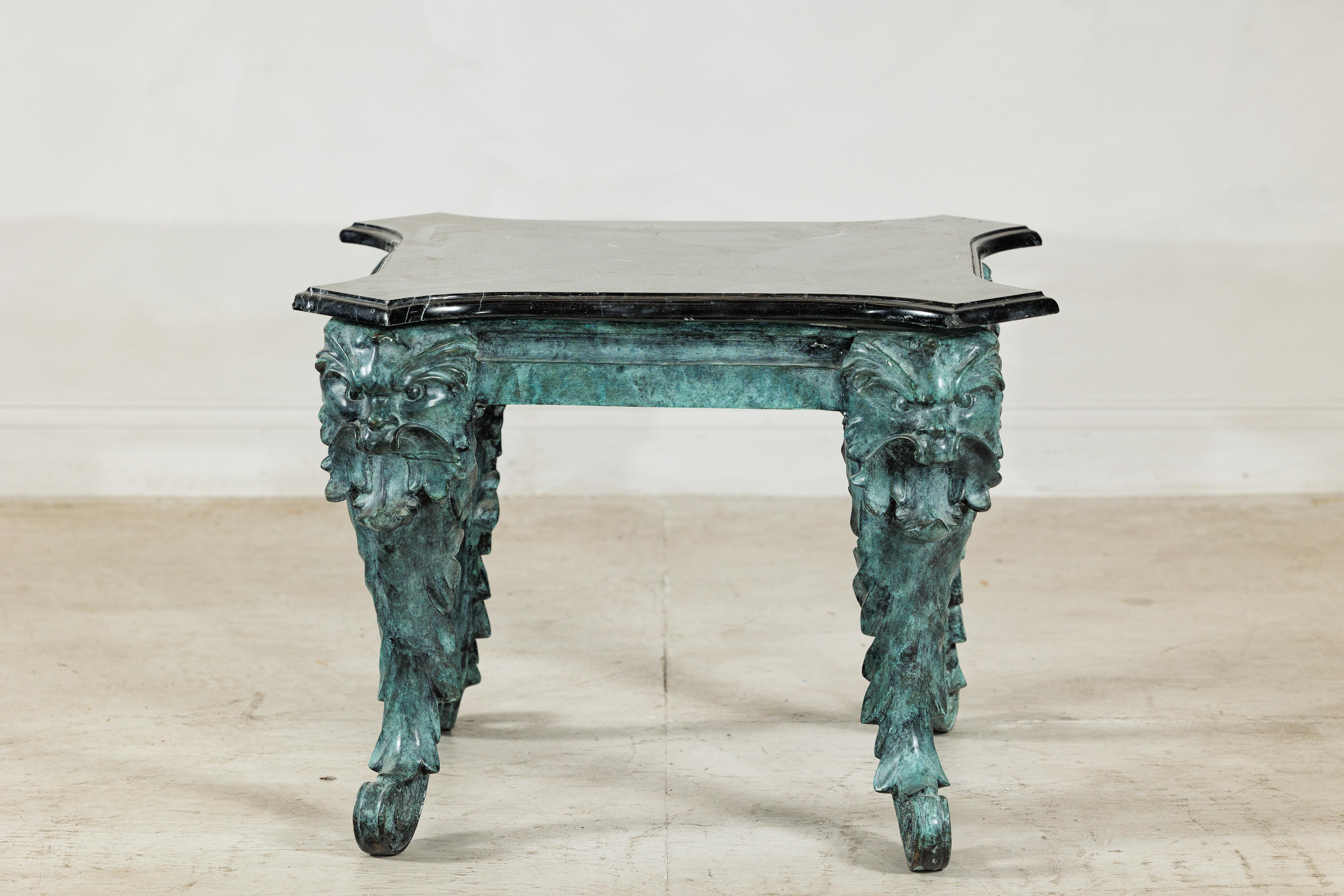 Bronze Verdigris Table with Black Marble Top and Sculptural Mask Legs en vente 13