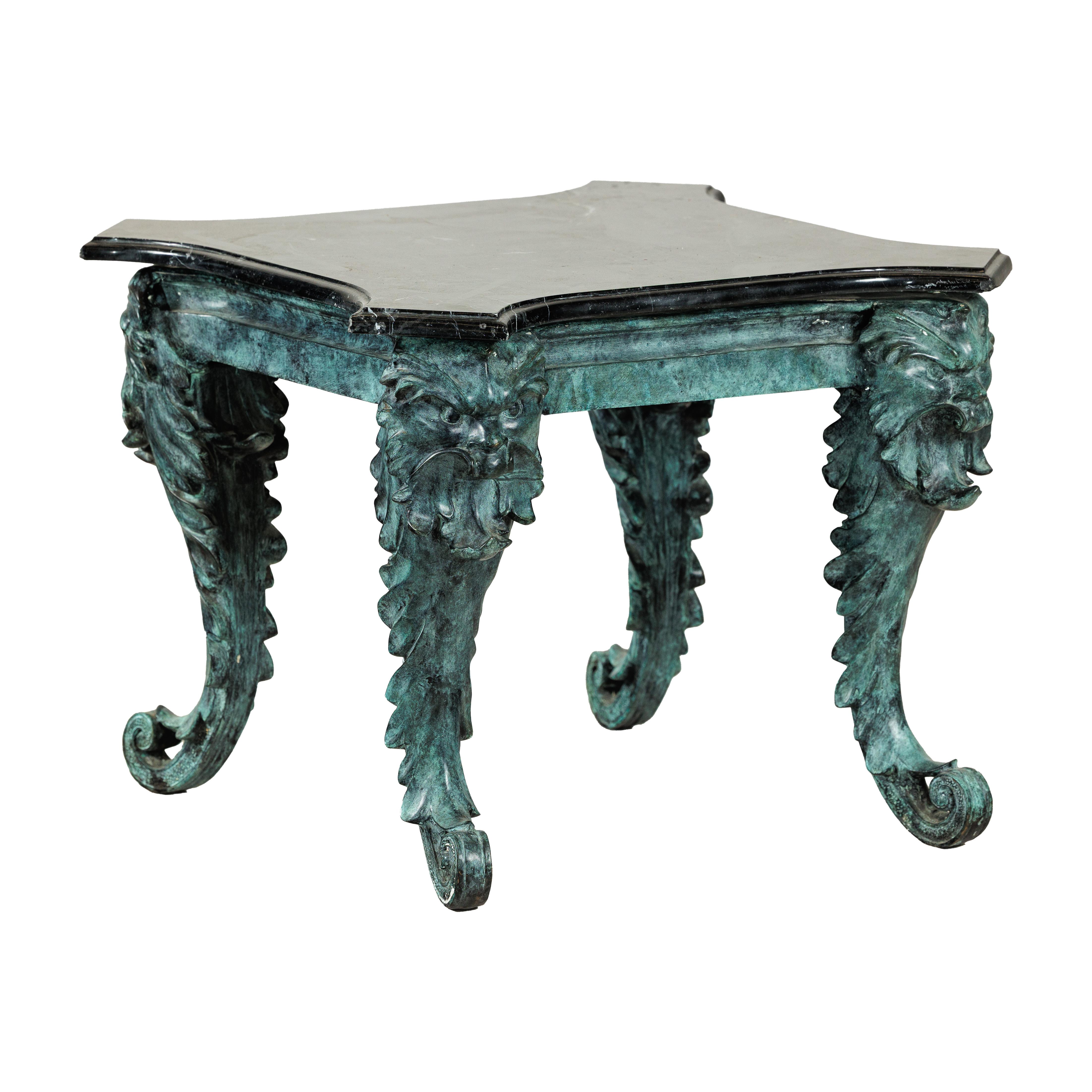 Bronze Verdigris Table with Black Marble Top and Sculptural Mask Legs en vente 14