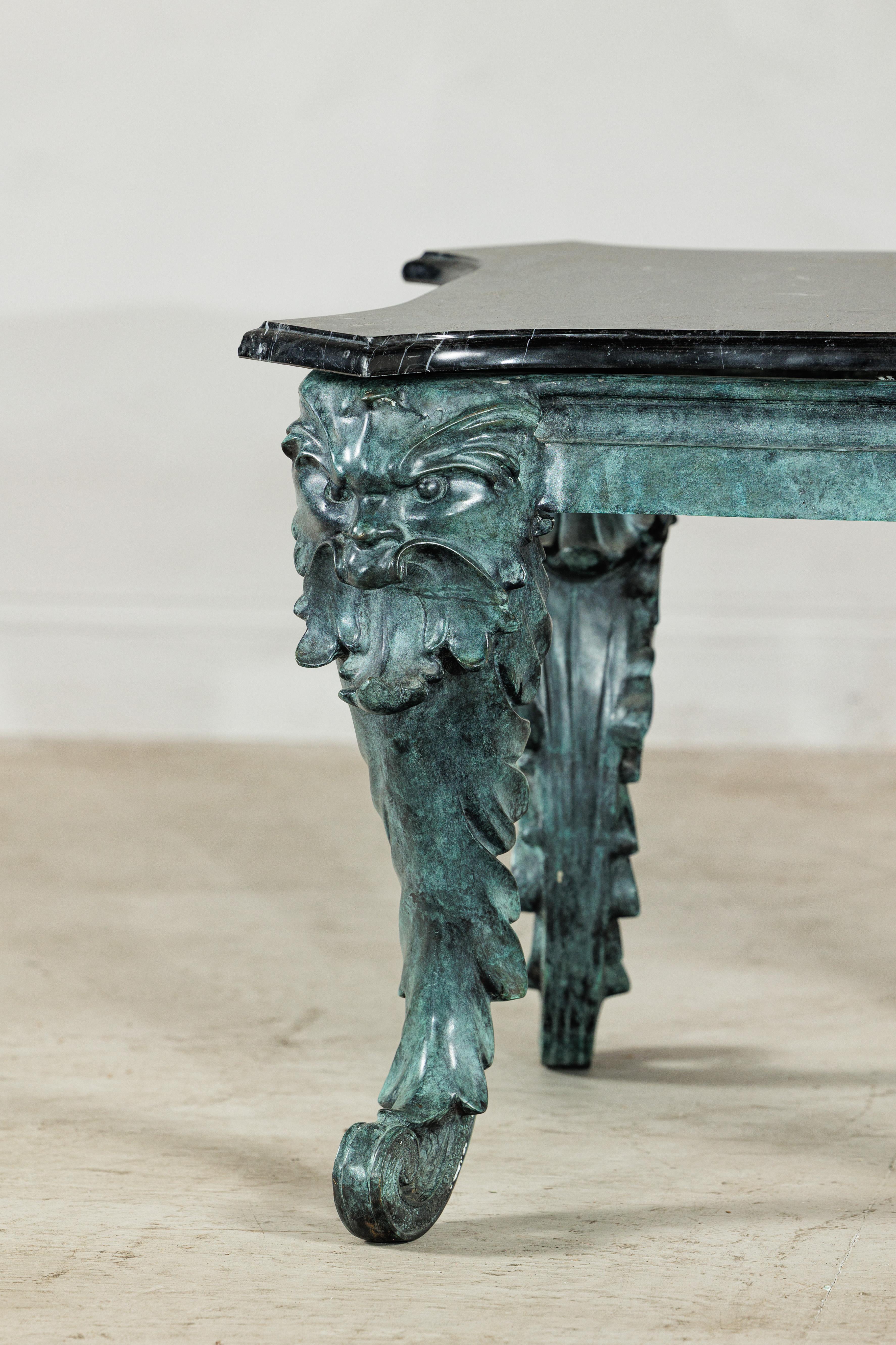 Bronze Verdigris Table with Black Marble Top and Sculptural Mask Legs en vente 1