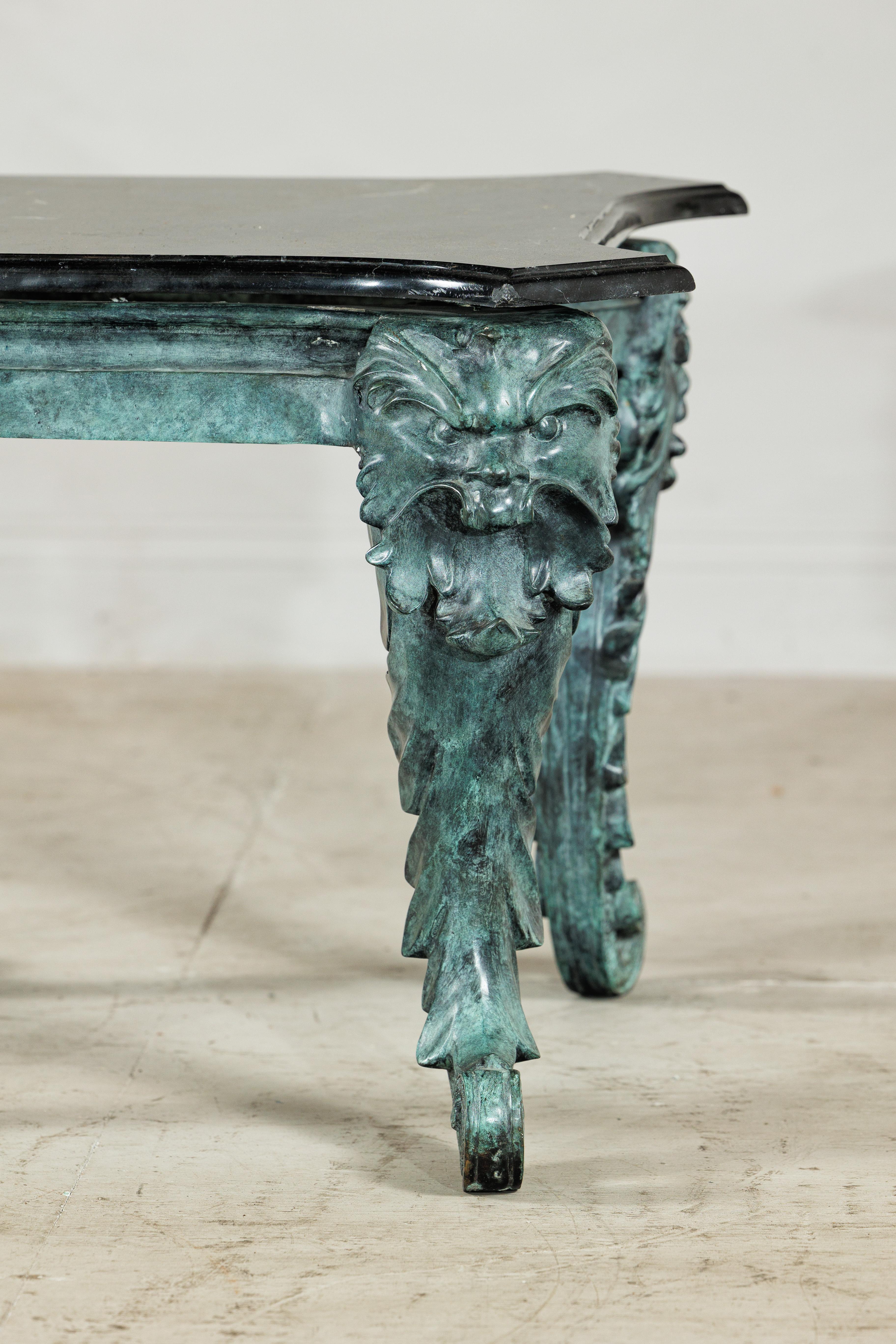 Bronze Verdigris Table with Black Marble Top and Sculptural Mask Legs en vente 2