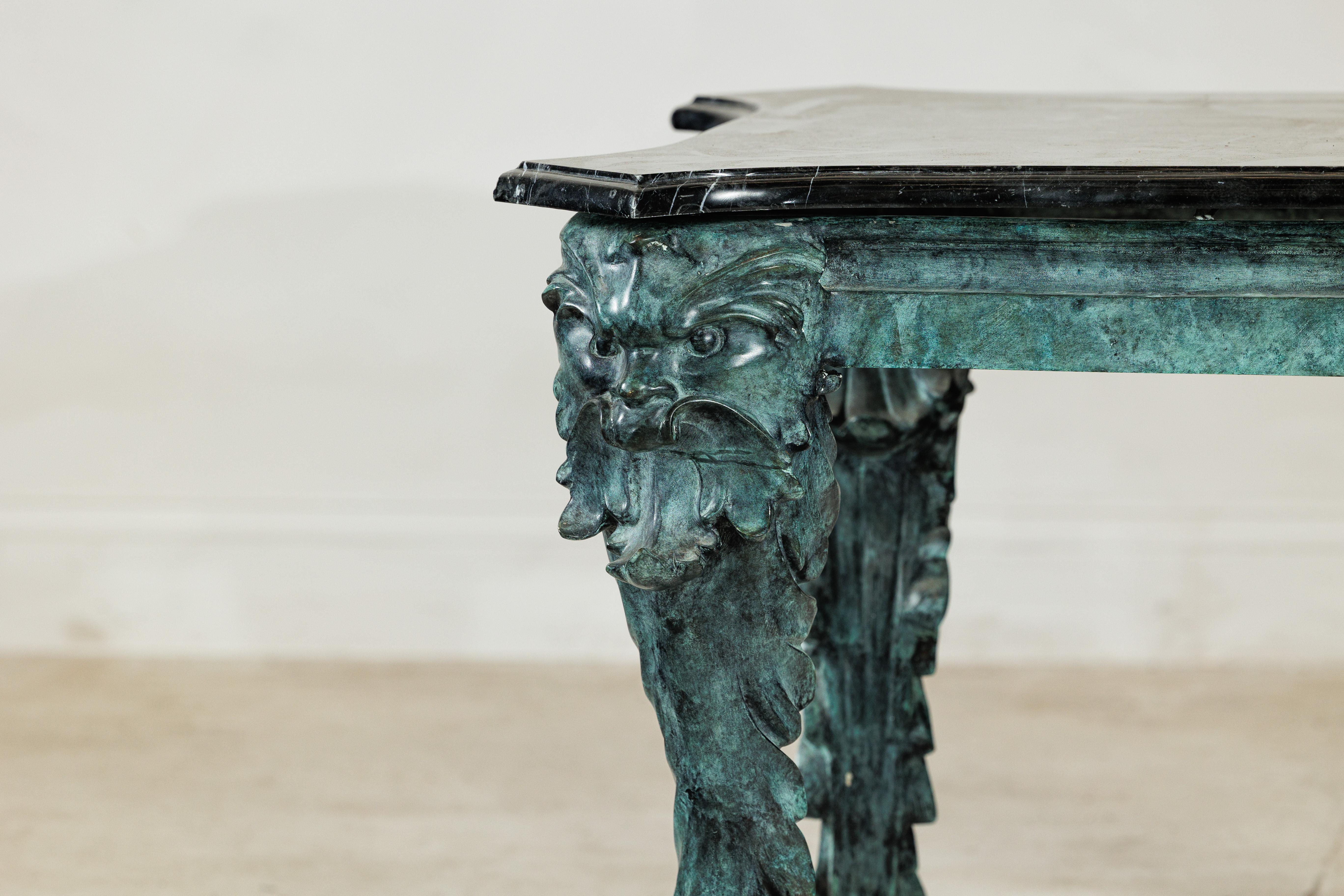 Bronze Verdigris Table with Black Marble Top and Sculptural Mask Legs en vente 3