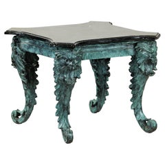 Bronze Verdigris Table with Black Marble Top and Sculptural Mask Legs