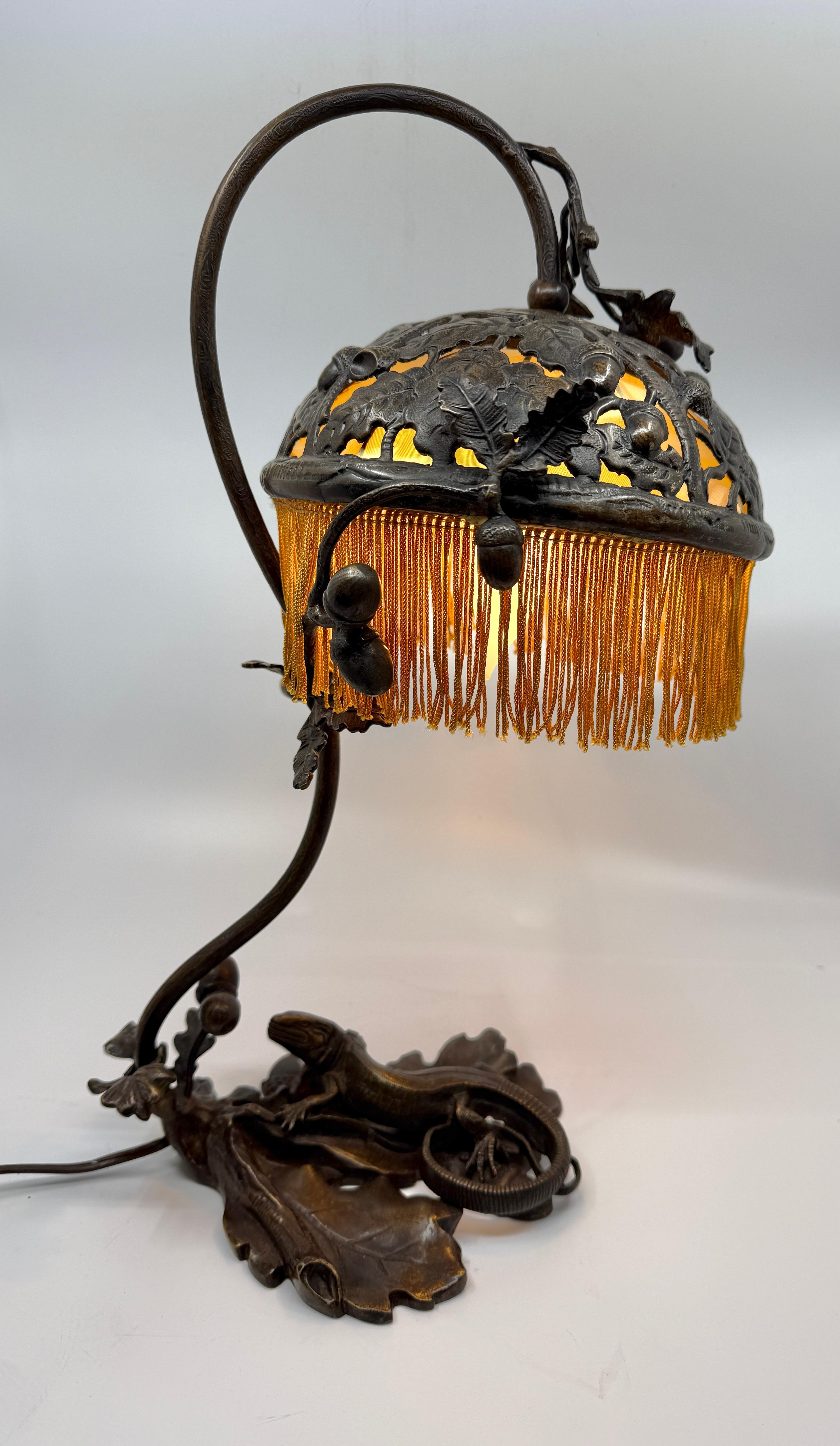 Unknown Bronze Victorian Aesthetic Movement Lizard & Acorn Motif Lamp Signed A.R. For Sale