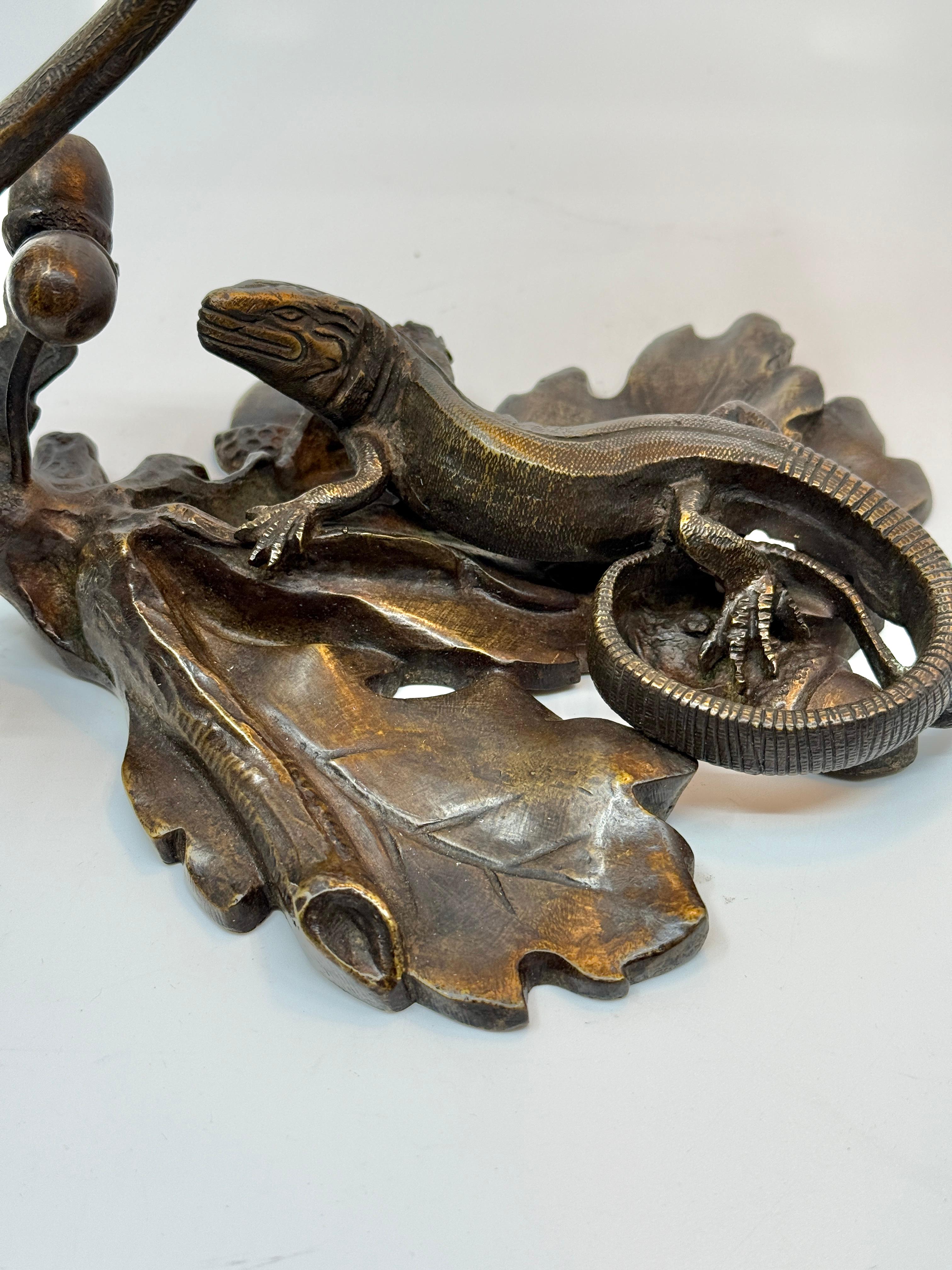 Hand-Crafted Bronze Victorian Aesthetic Movement Lizard & Acorn Motif Lamp Signed A.R. For Sale