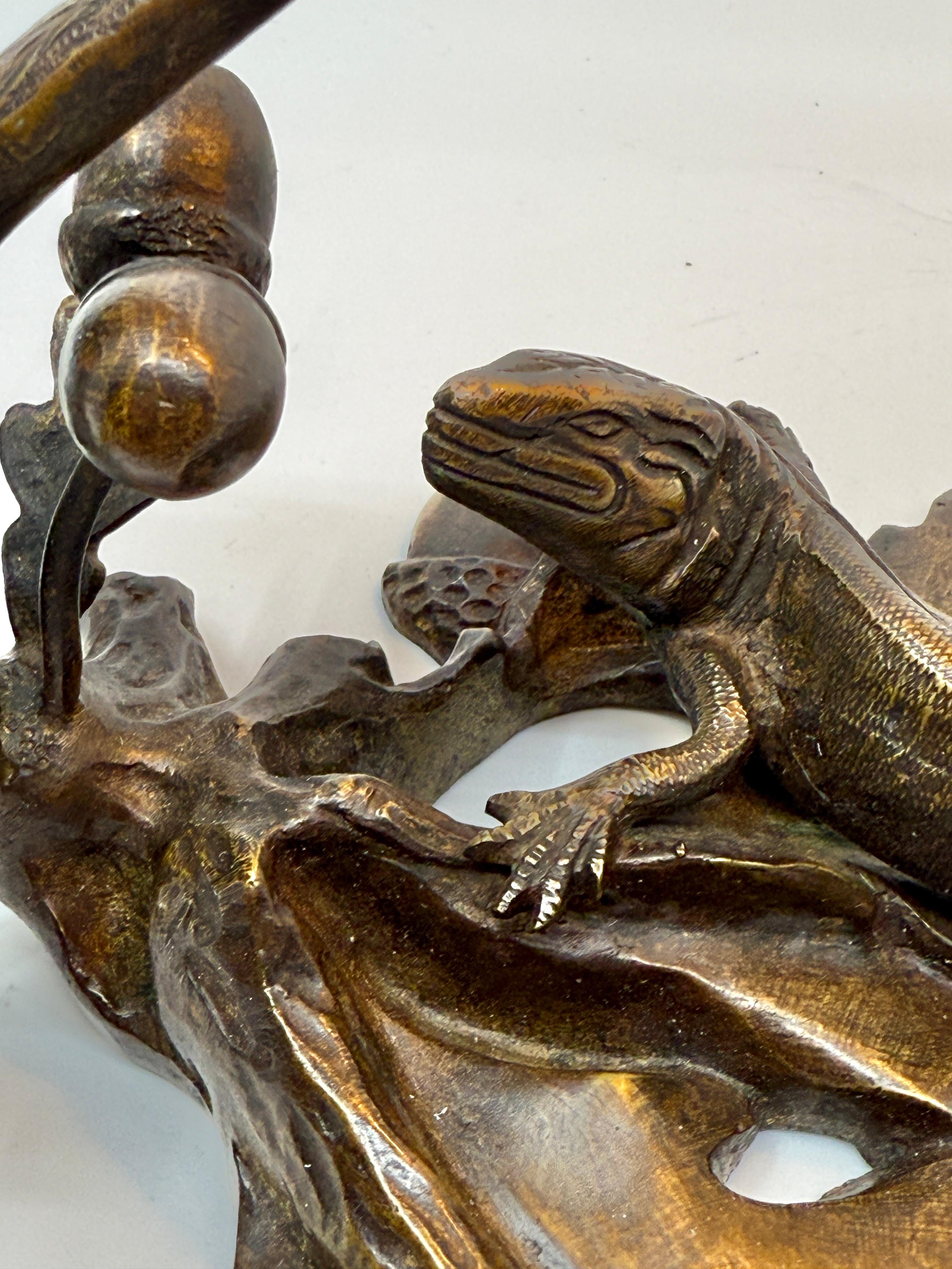 20th Century Bronze Victorian Aesthetic Movement Lizard & Acorn Motif Lamp Signed A.R. For Sale