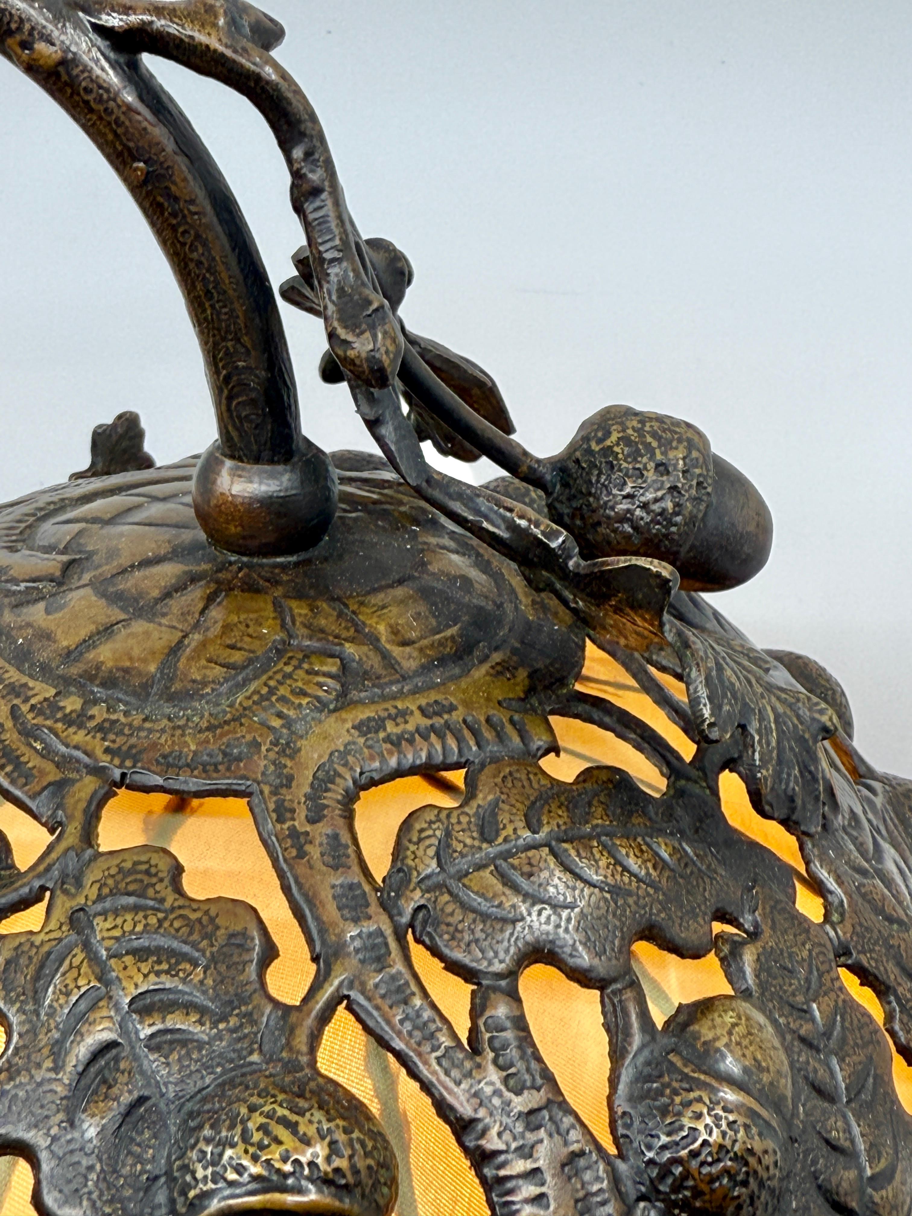 Bronze Victorian Aesthetic Movement Lizard & Acorn Motif Lamp Signed A.R. For Sale 3