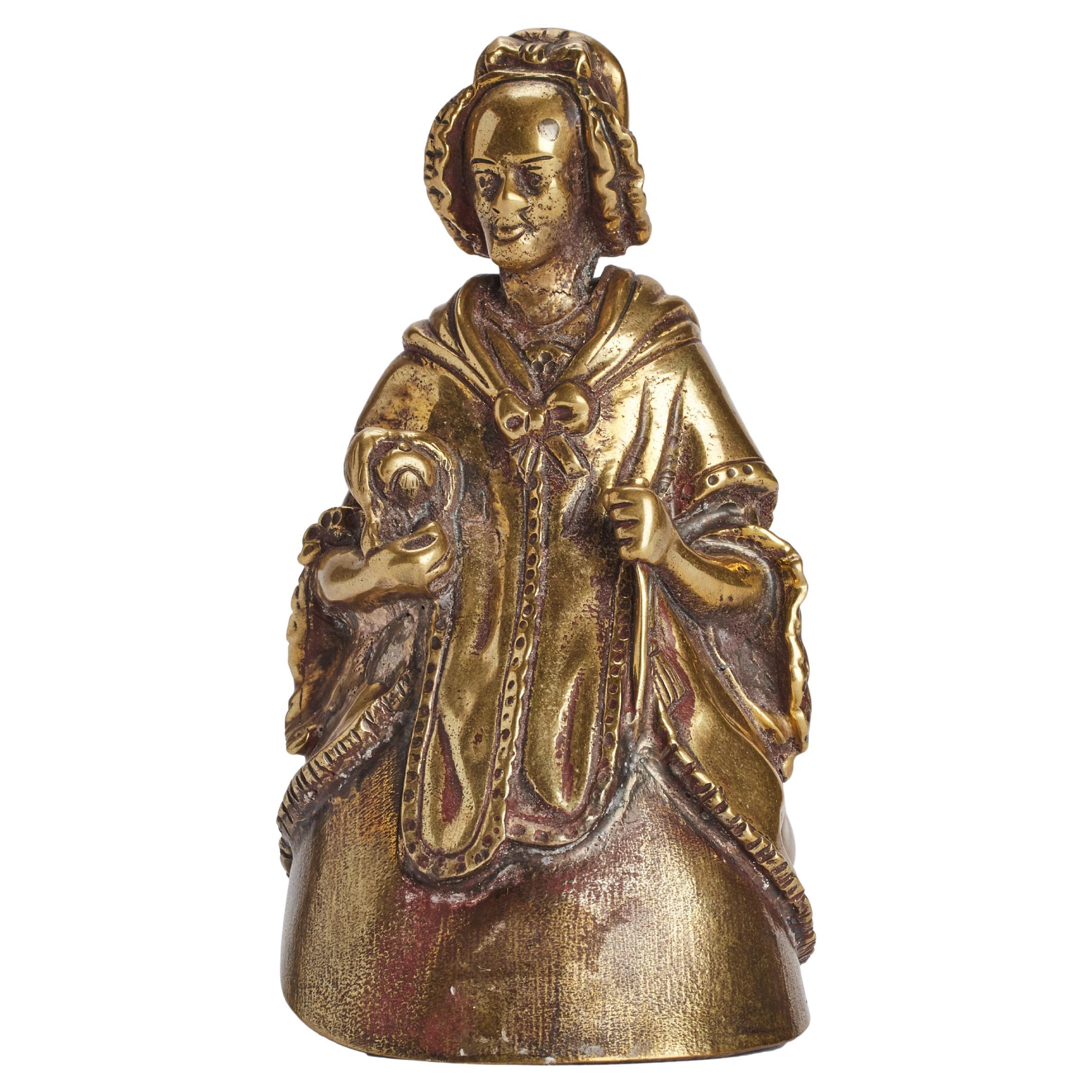 Cloche de table vintage en bronze, représentant une vieille femme avec un chien, Londres, UK 1880.