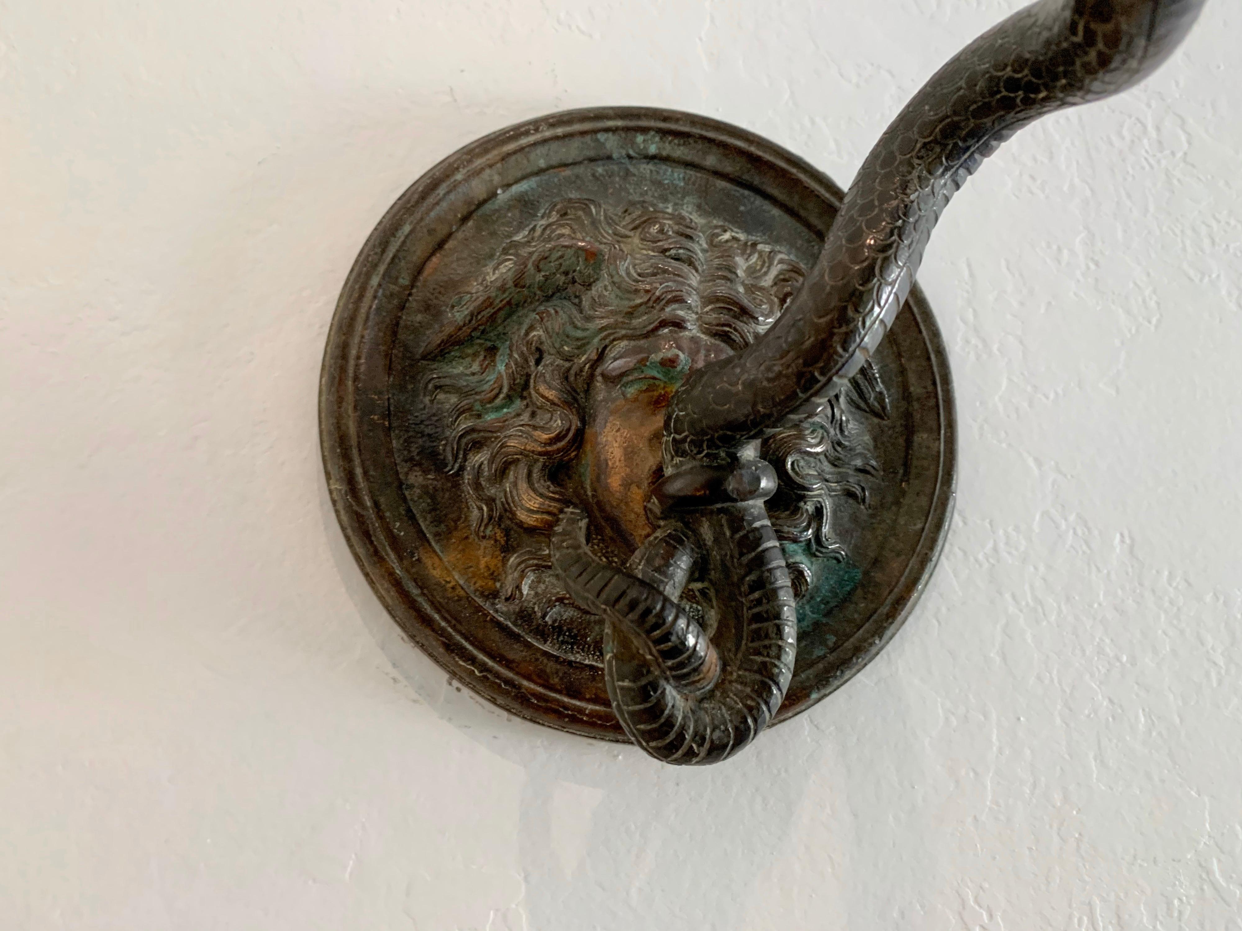 Bronze Wall Mounted Hook of Medusa and Serpent in the Roman Style In Good Condition In East Hampton, NY