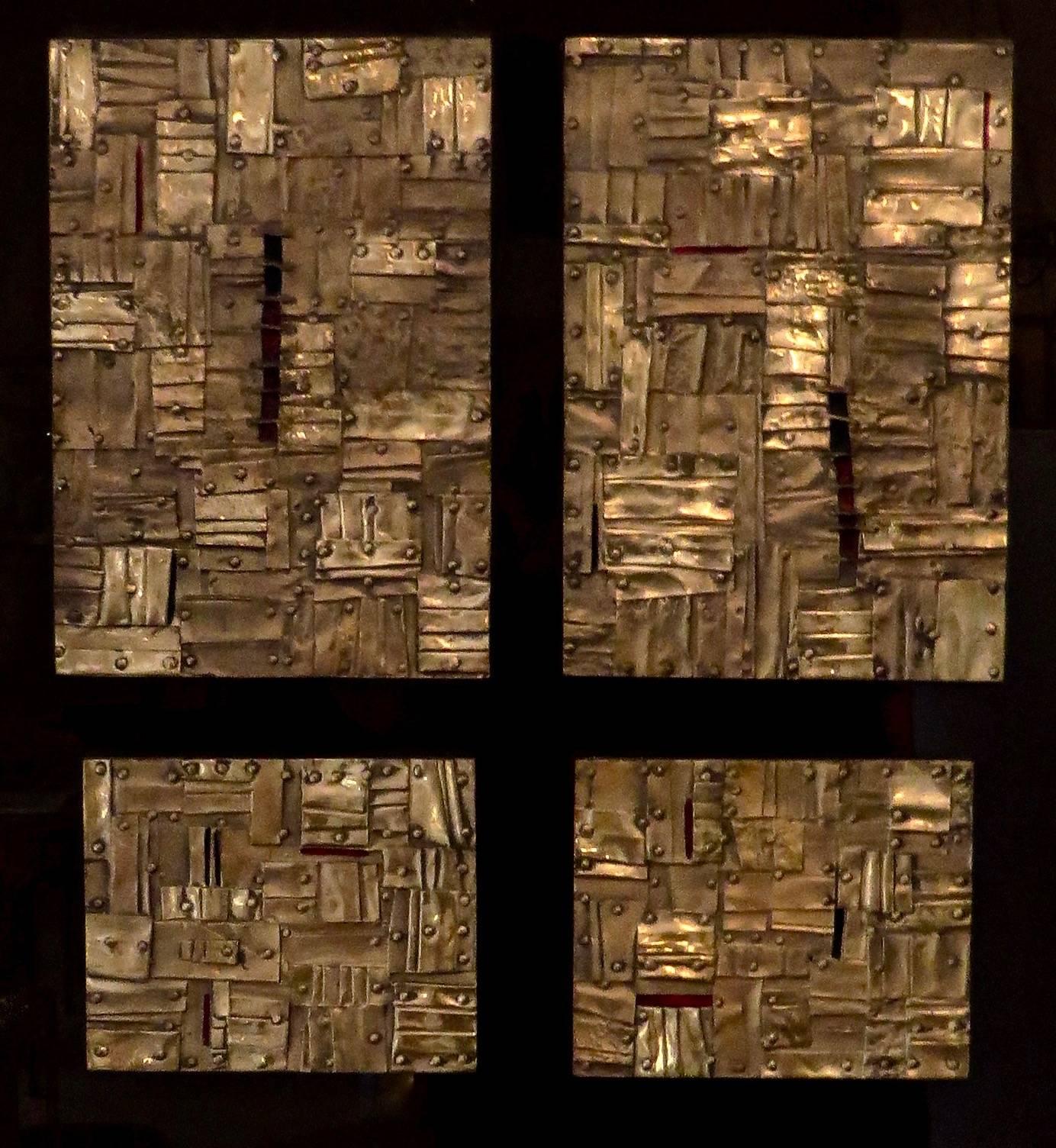Italian artist Esa Fedrigolli signed, dated and numbered bronze, copper and enamel wall sculpture/paintings. The sculpture/painting is composed of a veritable bronze composition of small squares, rectangles and other forms with a visual stitched