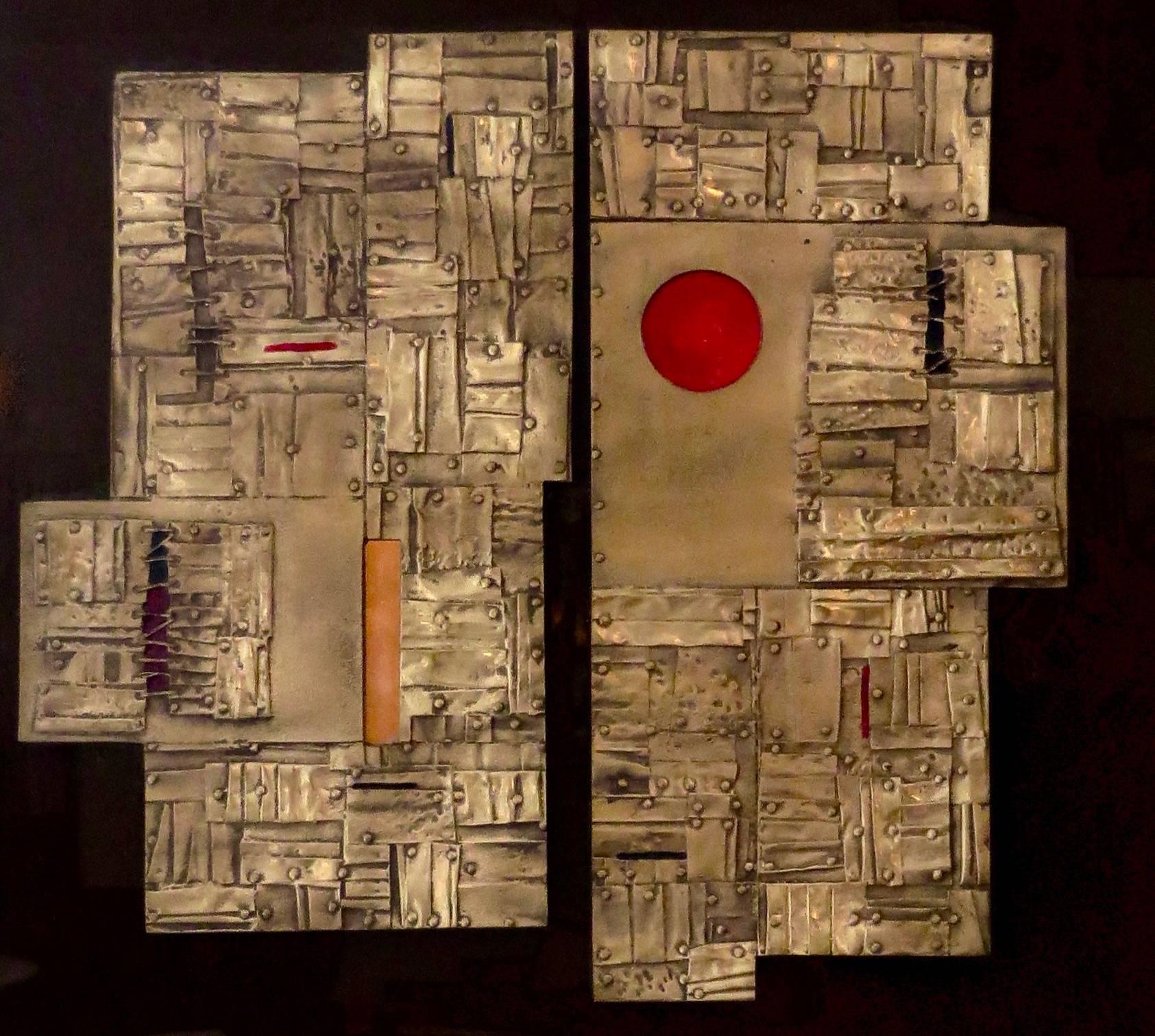 Italian artist Esa Fedrigolli signed, dated and numbered bronze, copper and enamel wall sculpture/paintings. Each sculpture/painting is composed of a veritable bronze composition of small squares, rectangles and other forms with a visual stitched