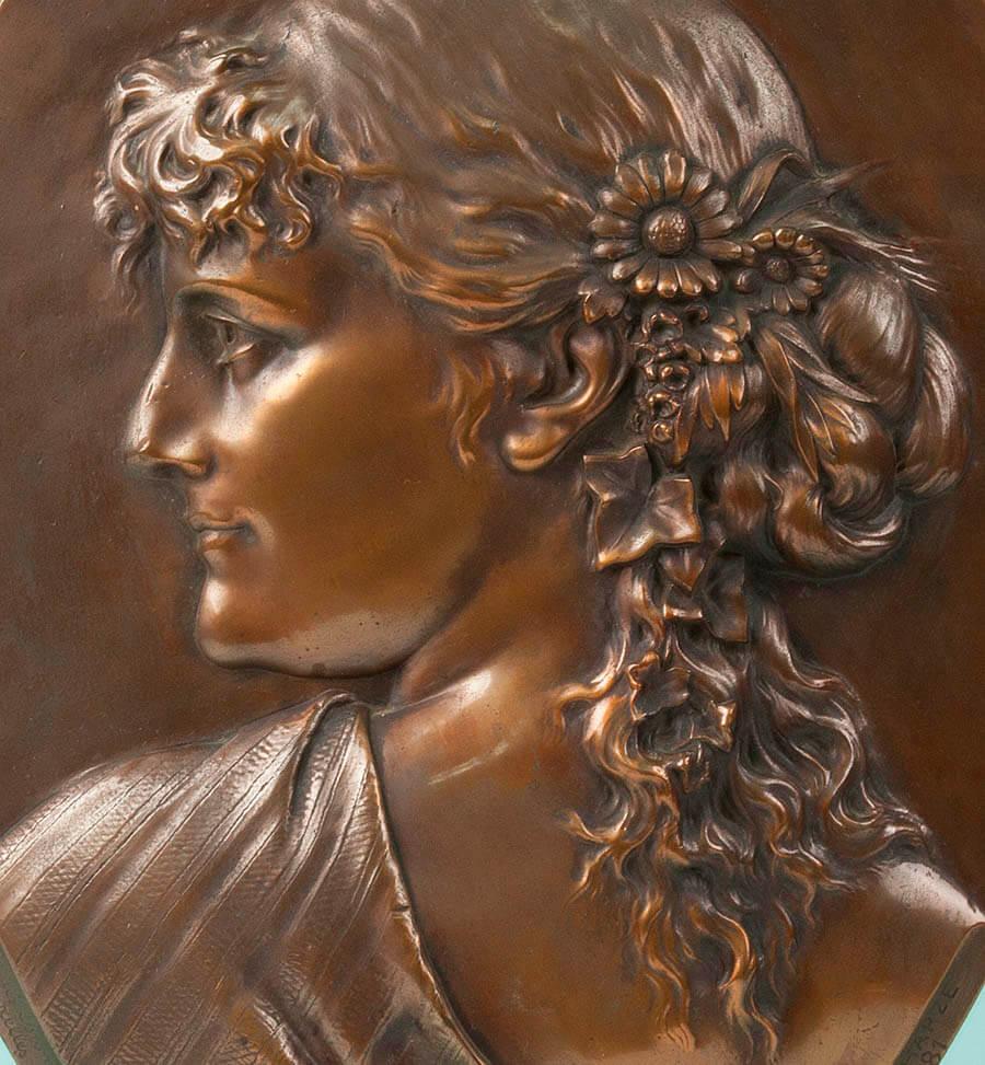 Romantic Bronze Wall Plate from 1881 Made by Léopold Harzé