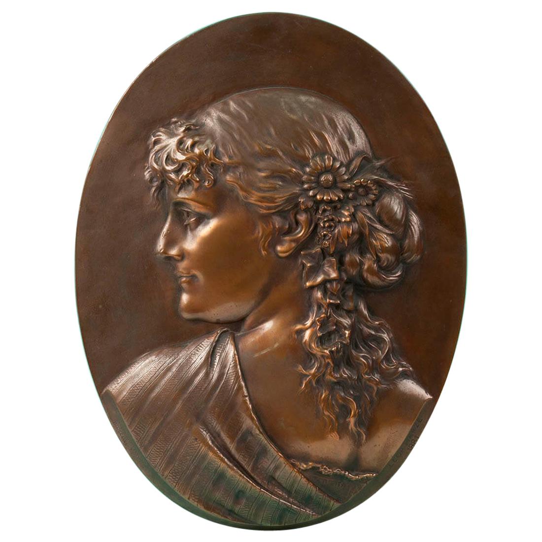 Bronze Wall Plate from 1881 Made by Léopold Harzé