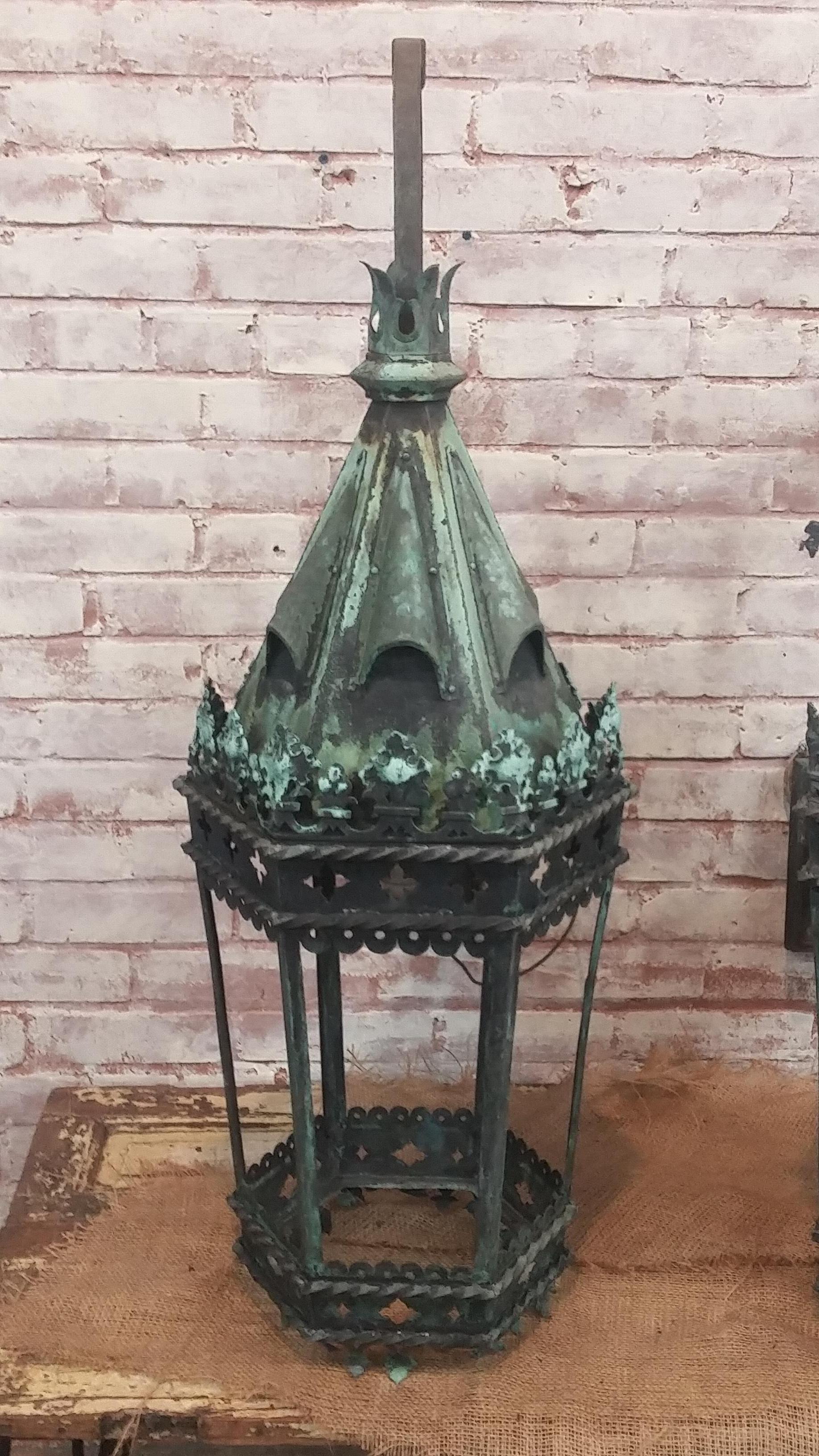 A fine pair of bronze Victorian 19th century entranceway sconces. Acquired from a demolition in Westchester. NY. Great style in need of all glass and rewiring. Wonderful patina finish on each one.