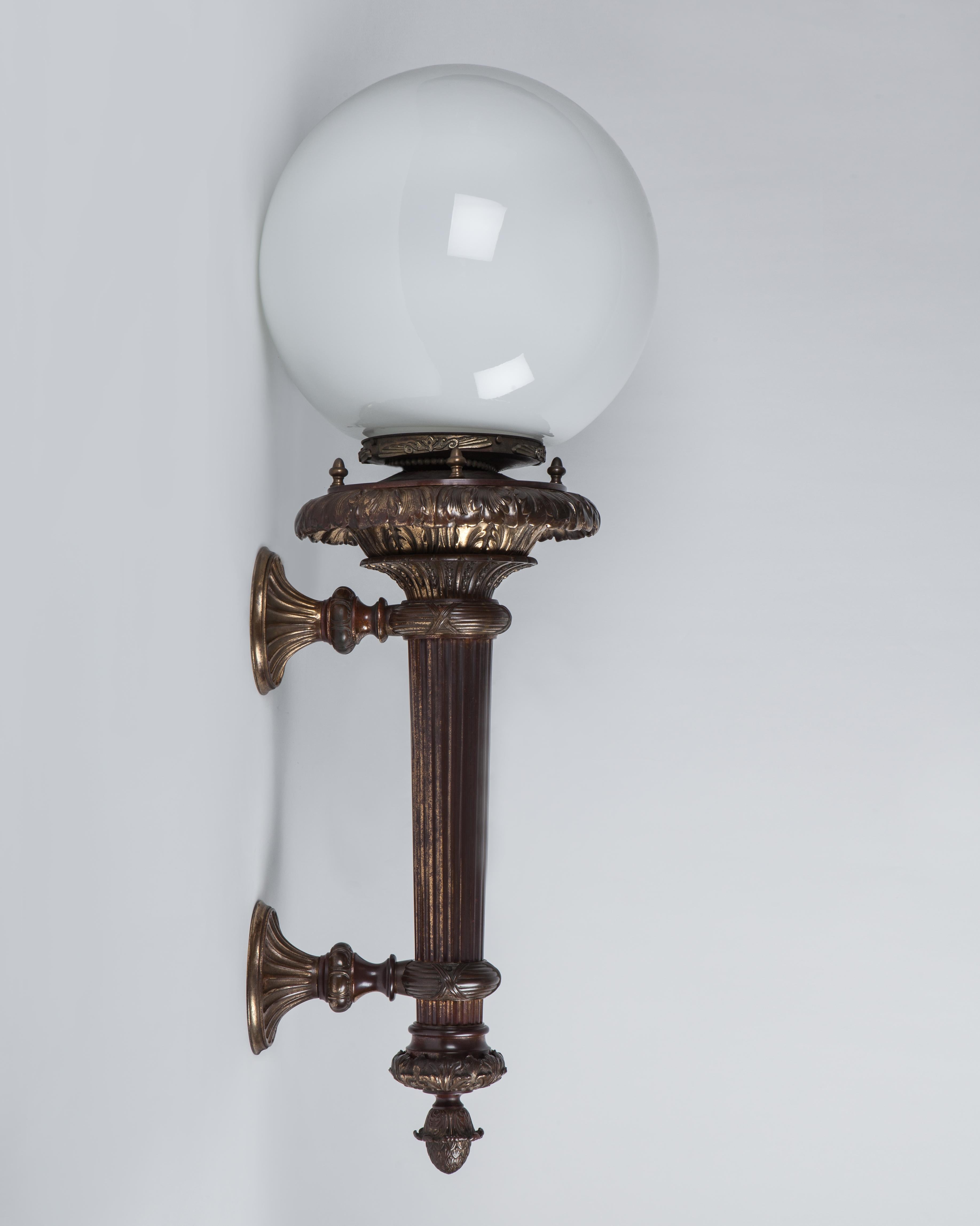 Cast Bronze Empire Style Wall Sconces with Opal White Glass Globes, Circa 1900s In Good Condition For Sale In New York, NY