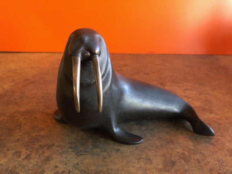 Bronze walrus sculpture by Loet Vanderveen, circa 1970s. The piece is signed 