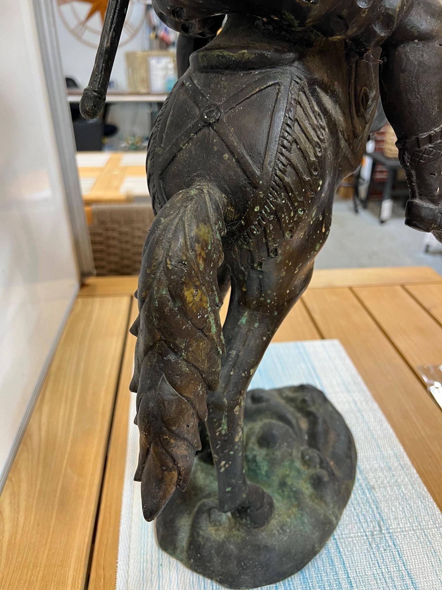 Bronze Warrior or Rider Mounted on a Rearing Horse Holding a Torch Statue For Sale 5