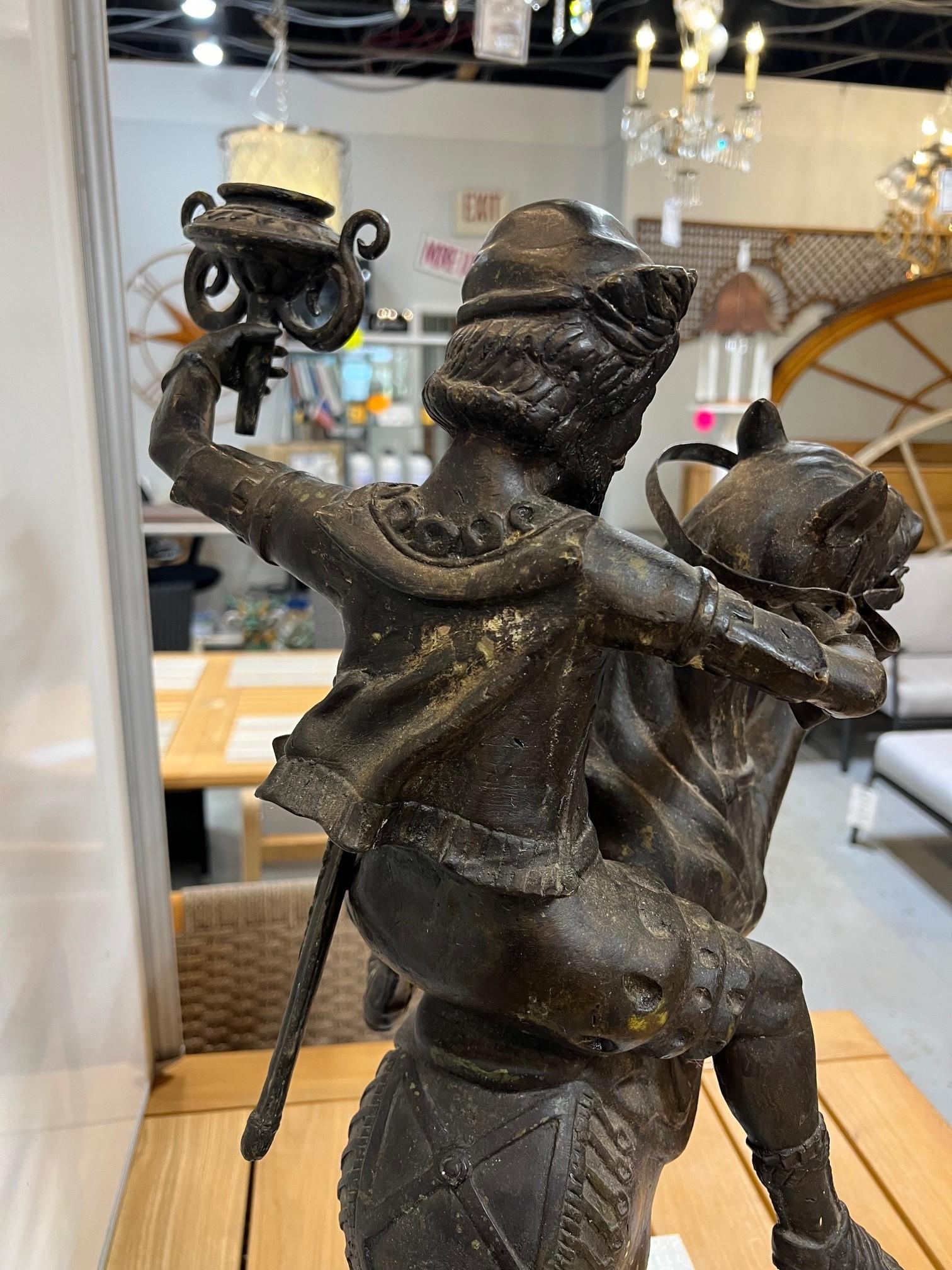 Bronze Warrior or Rider Mounted on a Rearing Horse Holding a Torch Statue For Sale 6