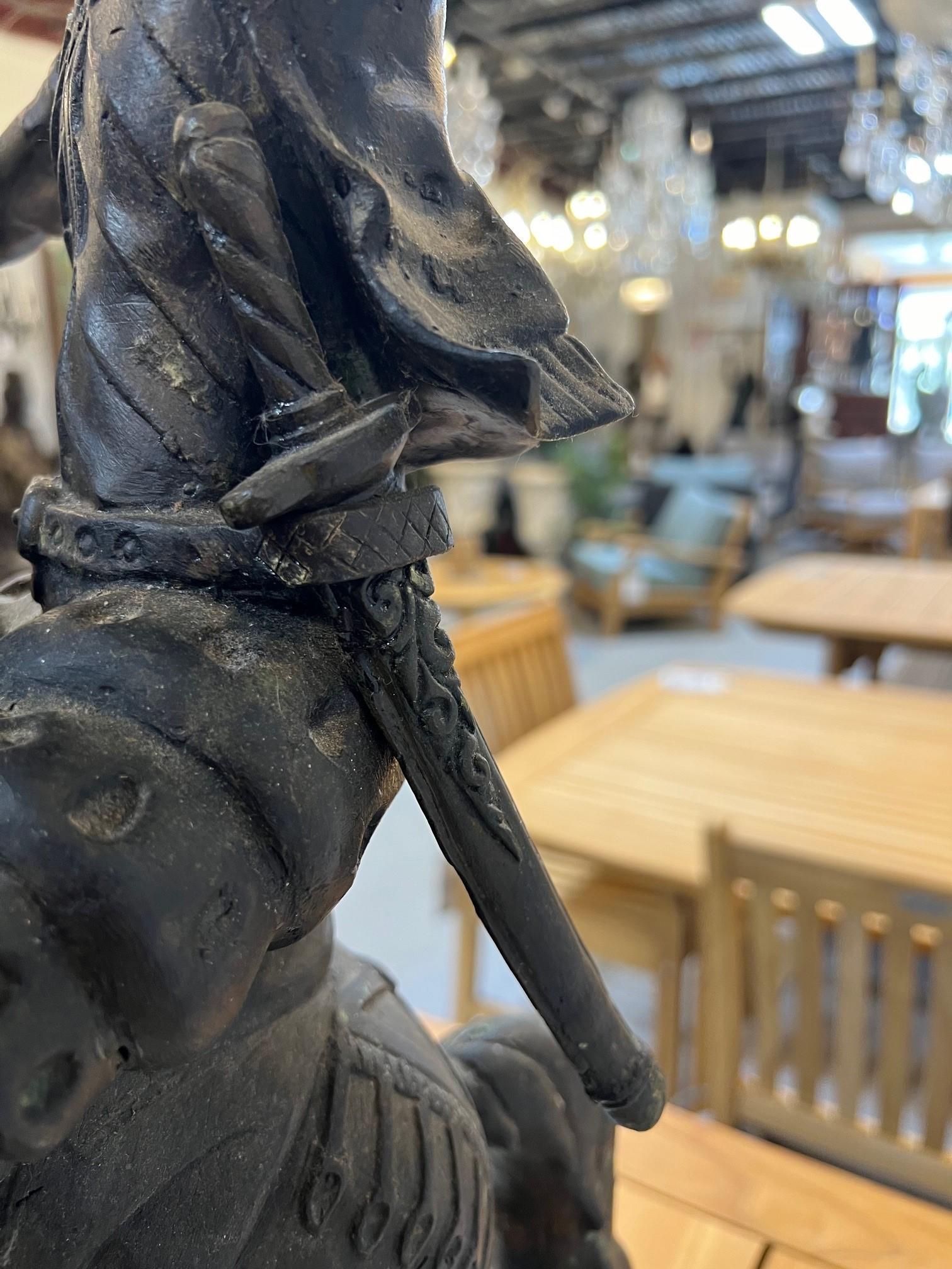 Bronze Warrior or Rider Mounted on a Rearing Horse Holding a Torch Statue For Sale 8