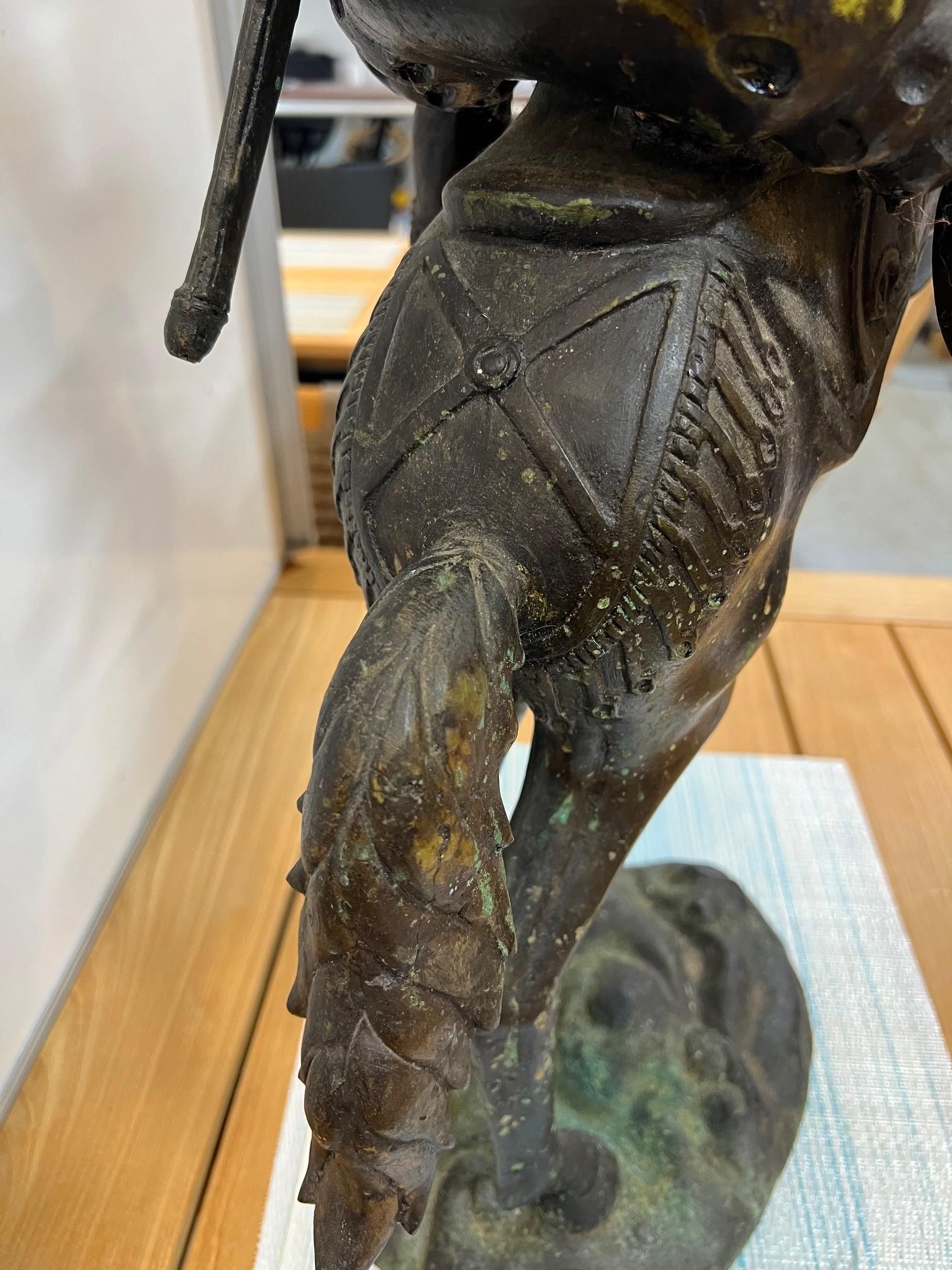 Bronze Warrior or Rider Mounted on a Rearing Horse Holding a Torch Statue For Sale 9