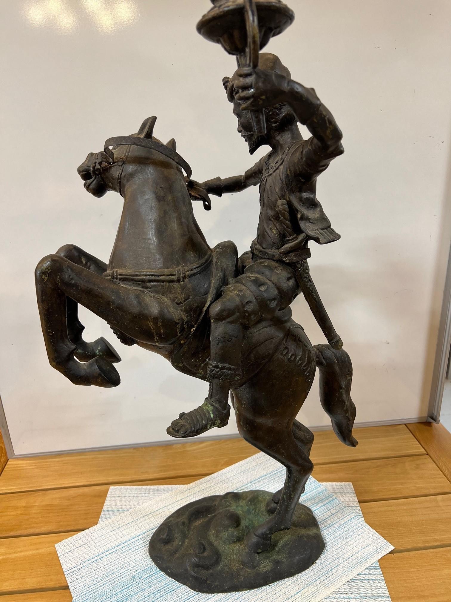 Bronze Warrior or Rider Mounted on a Rearing Horse Holding a Torch Statue For Sale 10