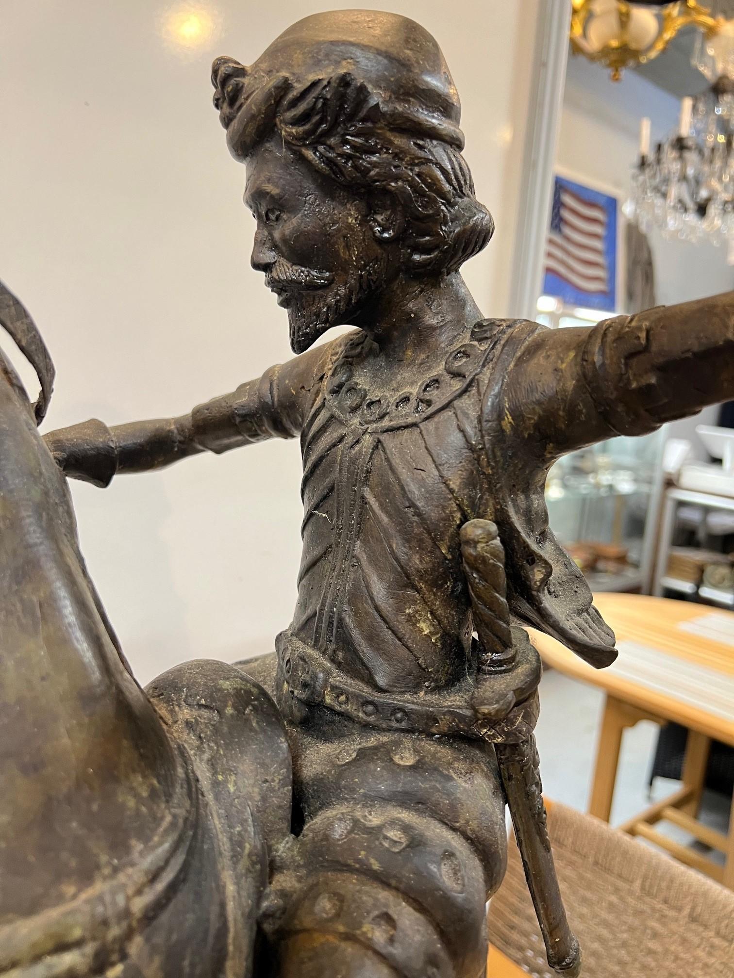 Bronze Warrior or Rider Mounted on a Rearing Horse Holding a Torch Statue For Sale 11