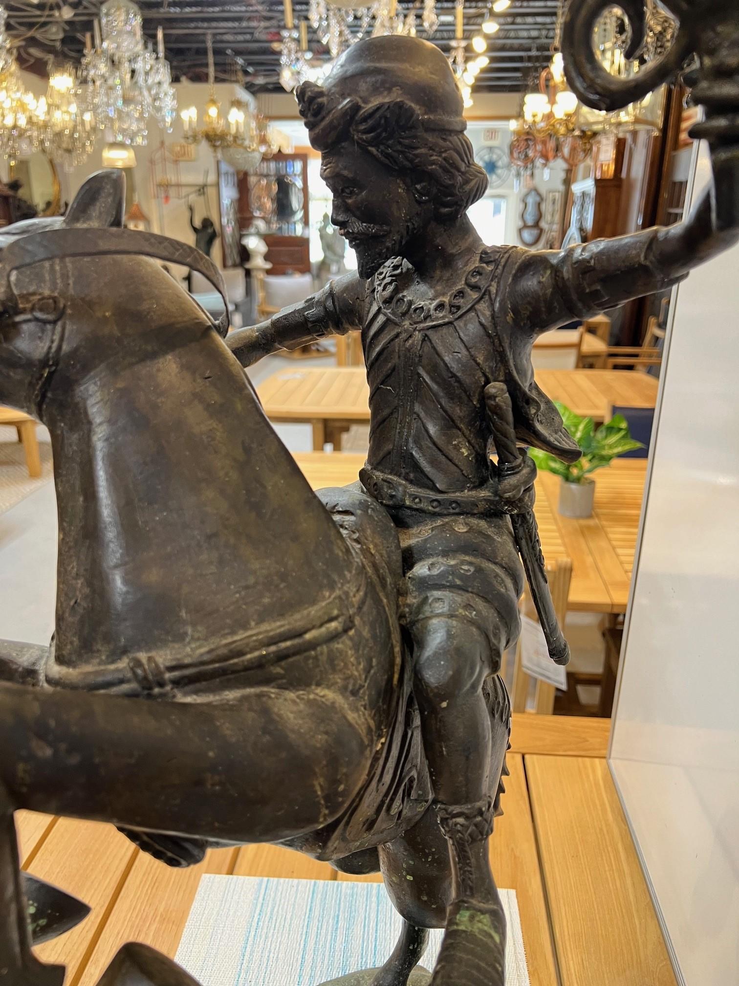 Bronze Warrior or Rider Mounted on a Rearing Horse Holding a Torch Statue For Sale 2