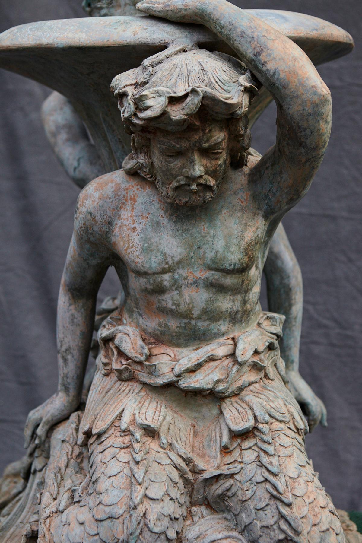 Bronze Water Garden Statue of Merman and Mermaid Carrying a Merboy 3