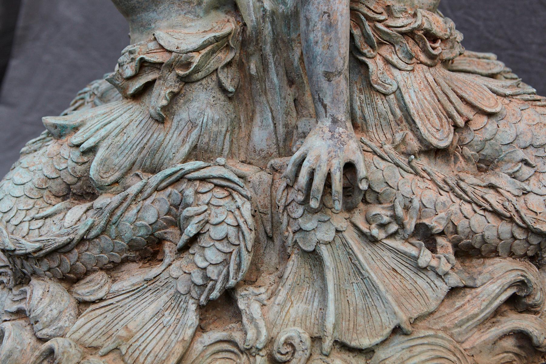 Bronze Water Garden Statue of Merman and Mermaid Carrying a Merboy 4