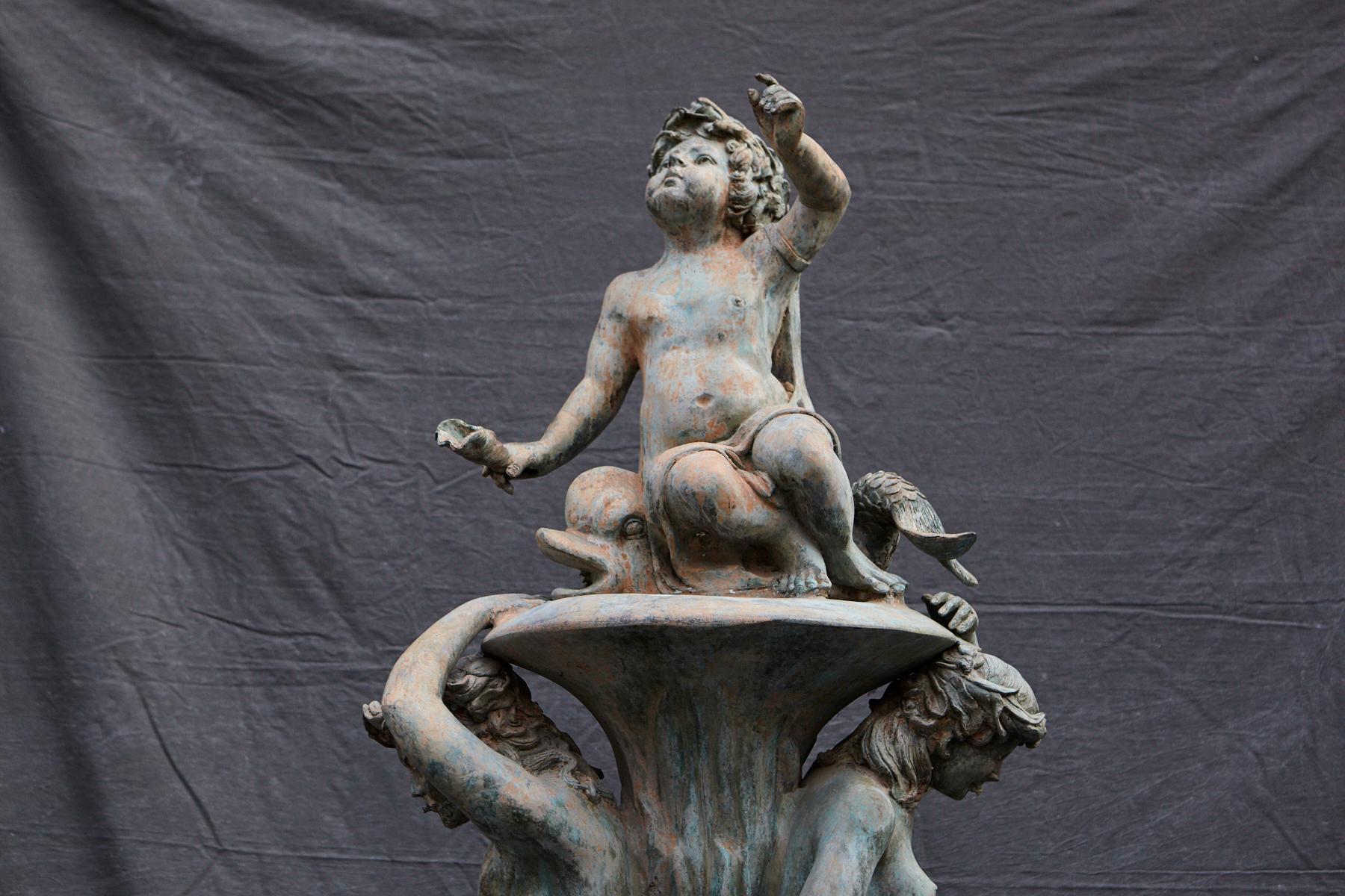 Bronze Water Garden Statue of Merman and Mermaid Carrying a Merboy 11