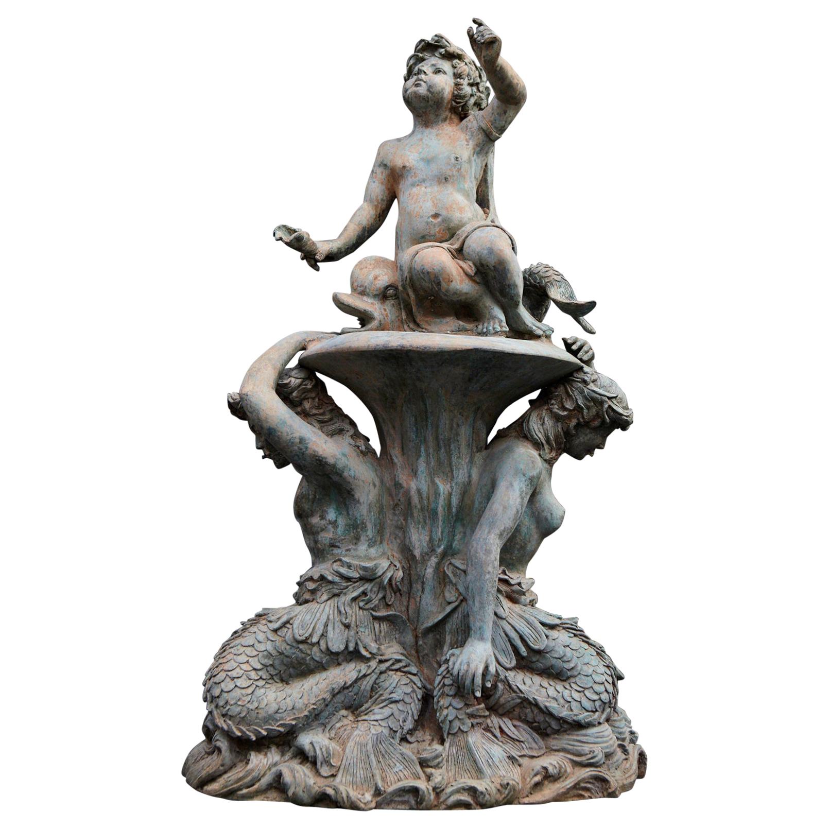 Bronze Water Garden Statue of Merman and Mermaid Carrying a Merboy