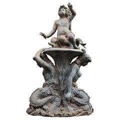 Vintage Bronze Water Garden Statue of Merman and Mermaid Carrying a Merboy