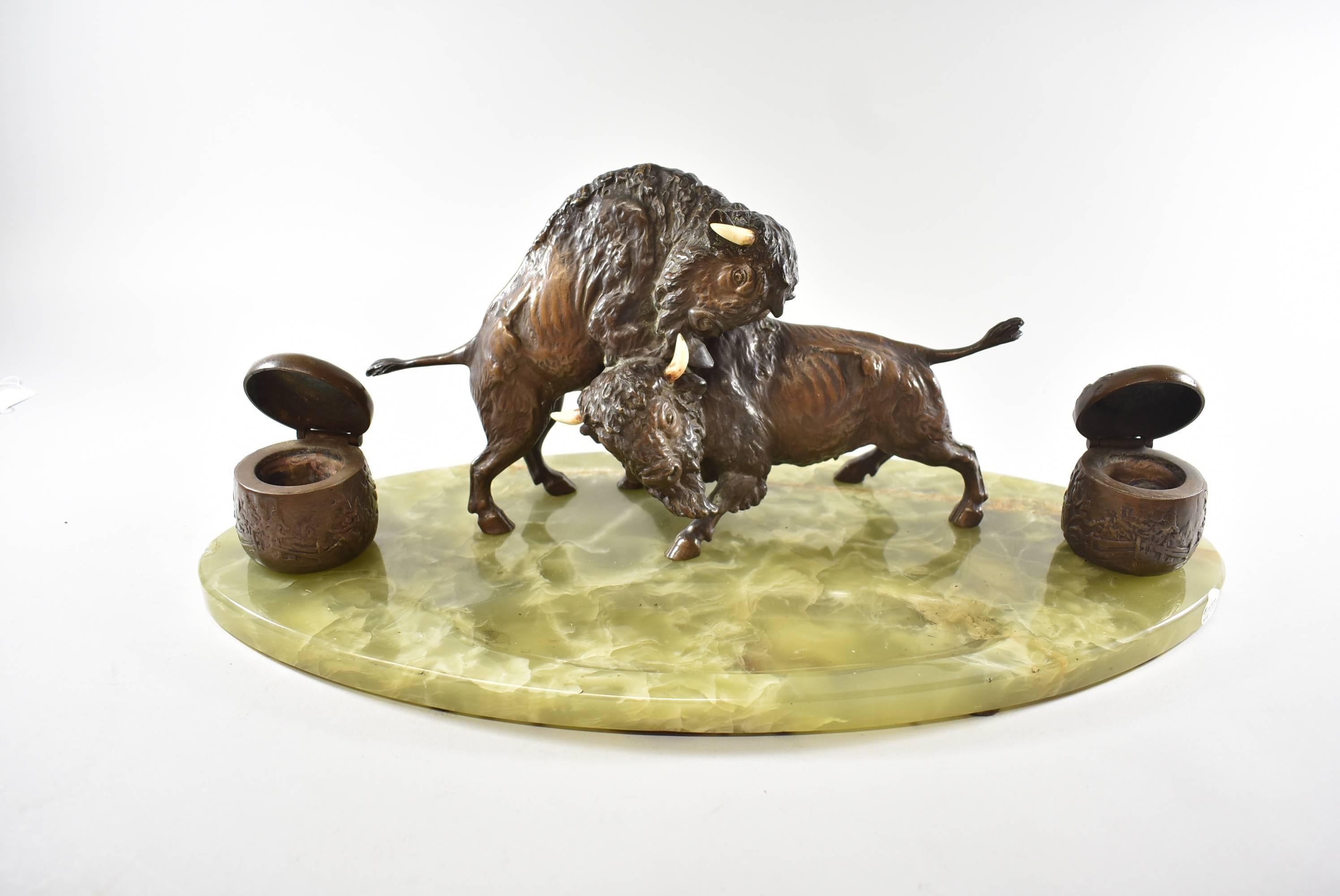 Bronze Western Fighting Buffalo Inkwell Green Onyx Base For Sale 2