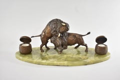 Bronze Western Fighting Buffalo Inkwell Green Onyx Base