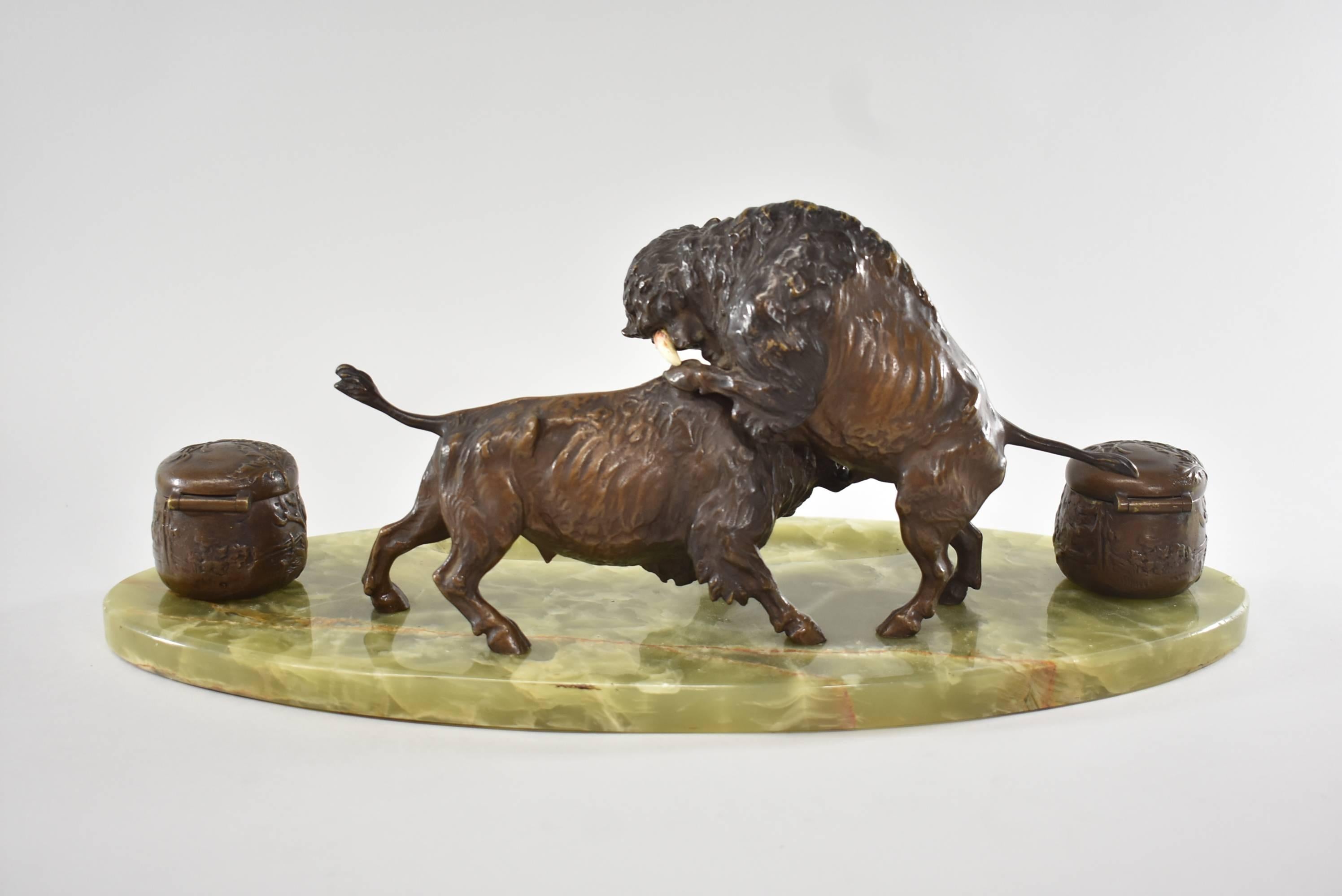 Arts and Crafts Bronze Western Fighting Buffalo Inkwell Green Onyx Base For Sale