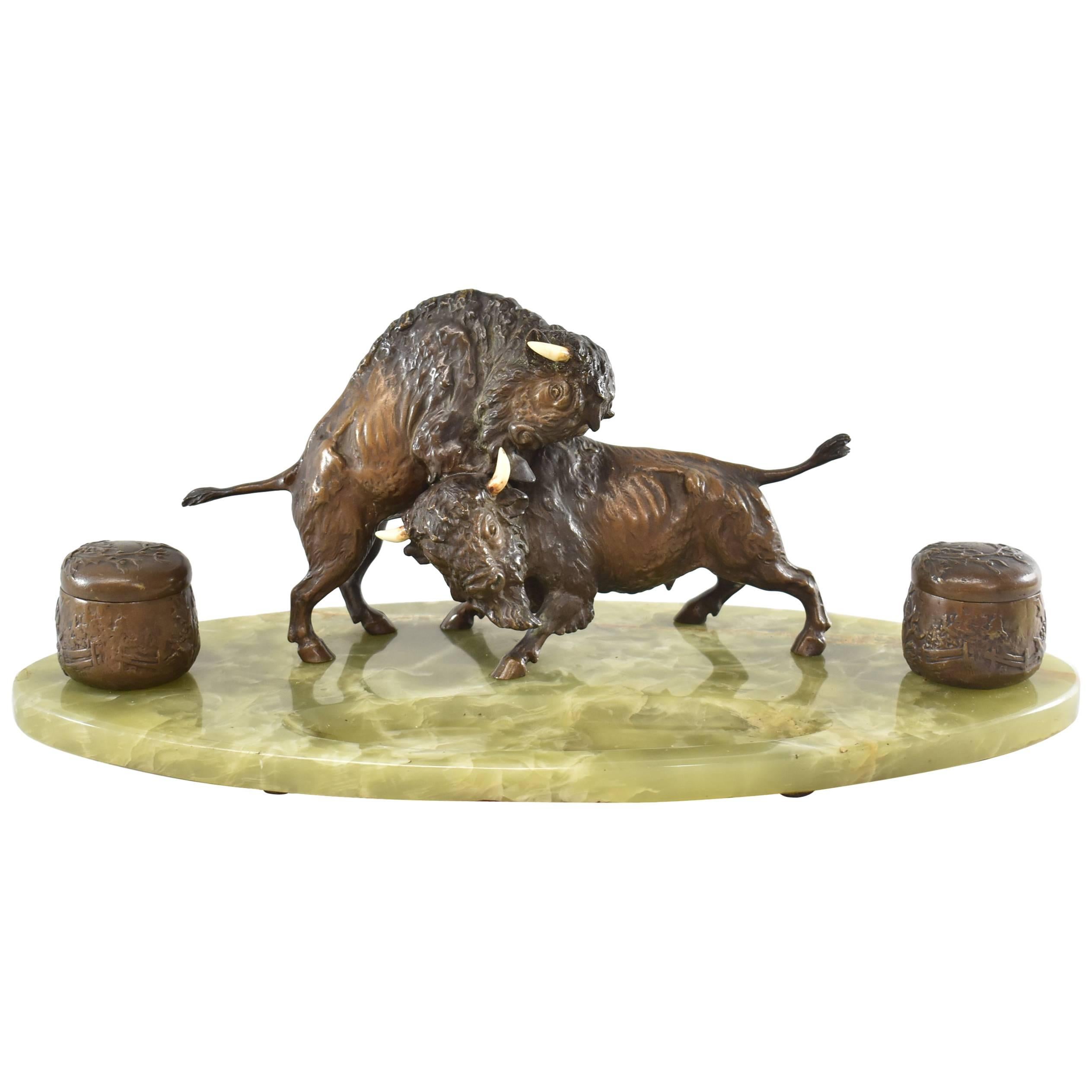 Bronze Western Fighting Buffalo Inkwell Green Onyx Base For Sale