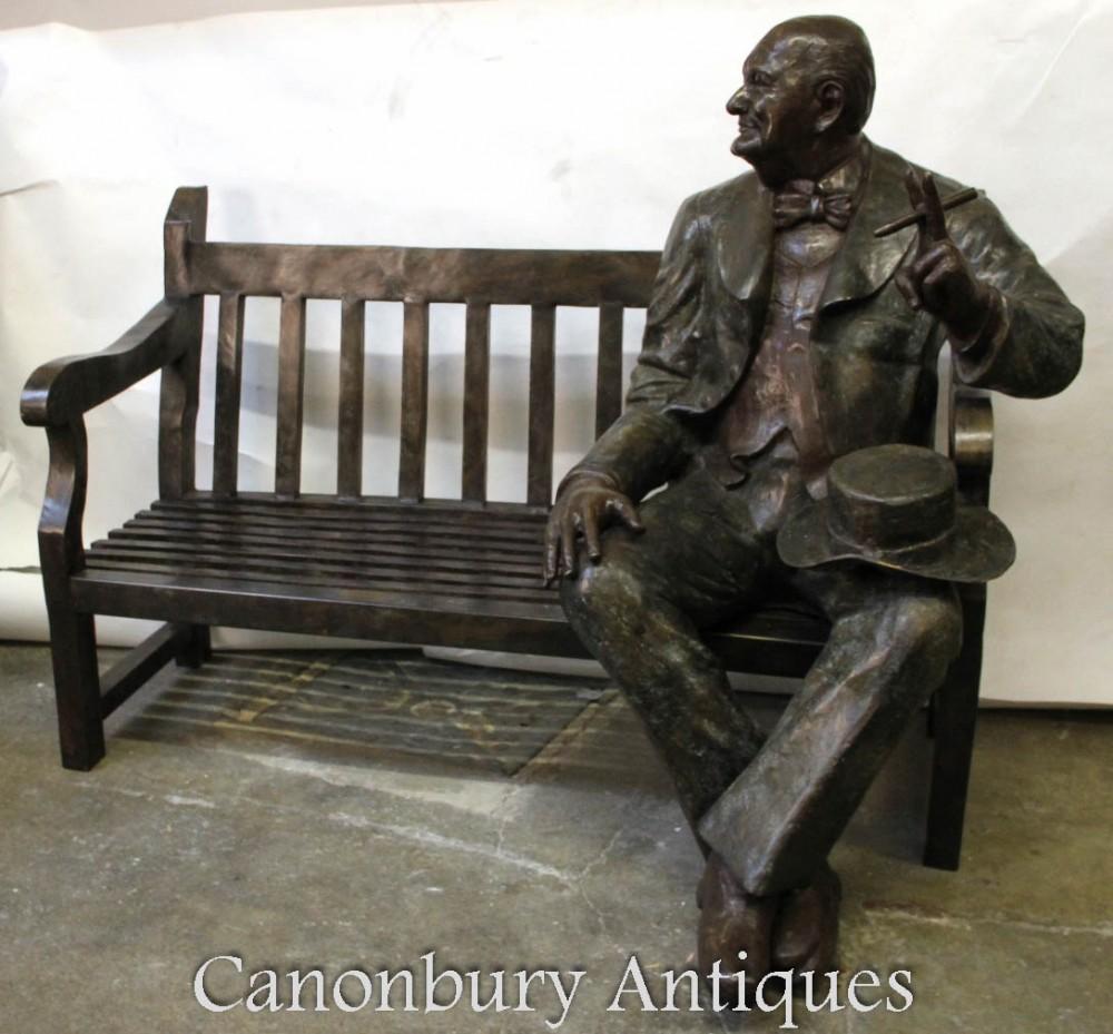 Bronze Winston Churchill Garden Bench, Lifesize Seat British Prime Minister In Good Condition In Potters Bar, GB