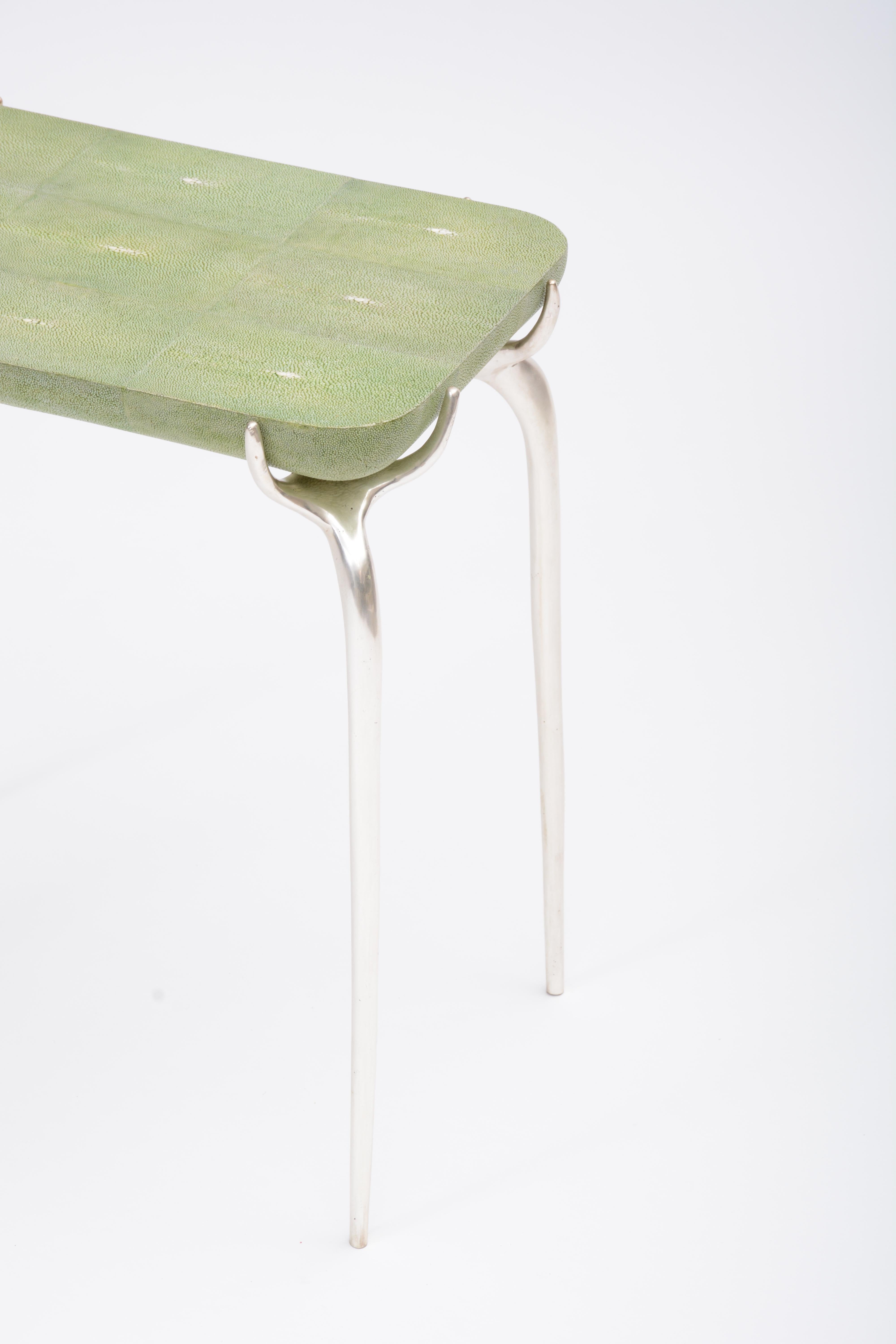 European Jewel Side Table with Bronze, Silver Leaf, and Green Shagreen by Elan Atelier