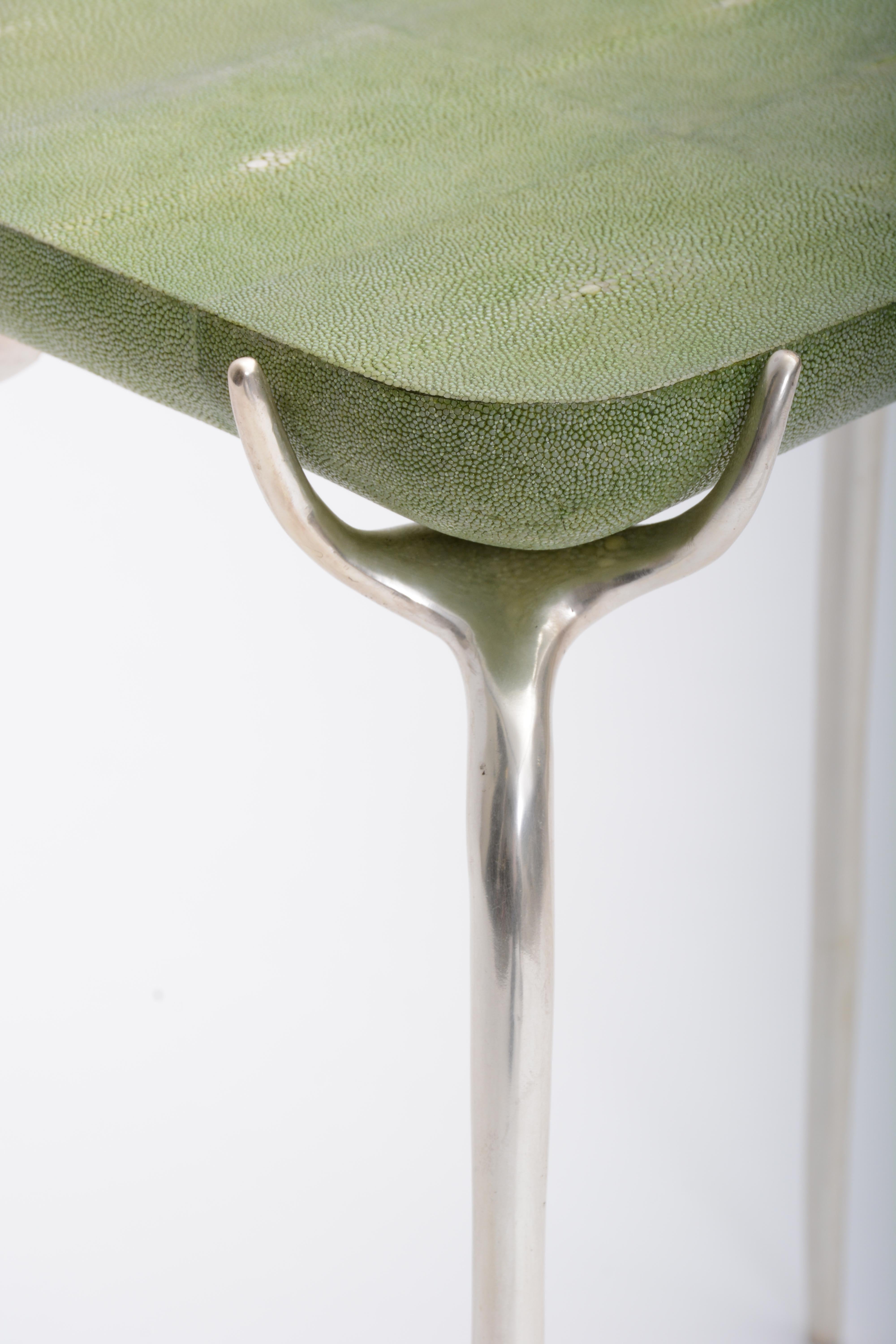 Silvered Jewel Side Table with Bronze, Silver Leaf, and Green Shagreen by Elan Atelier For Sale