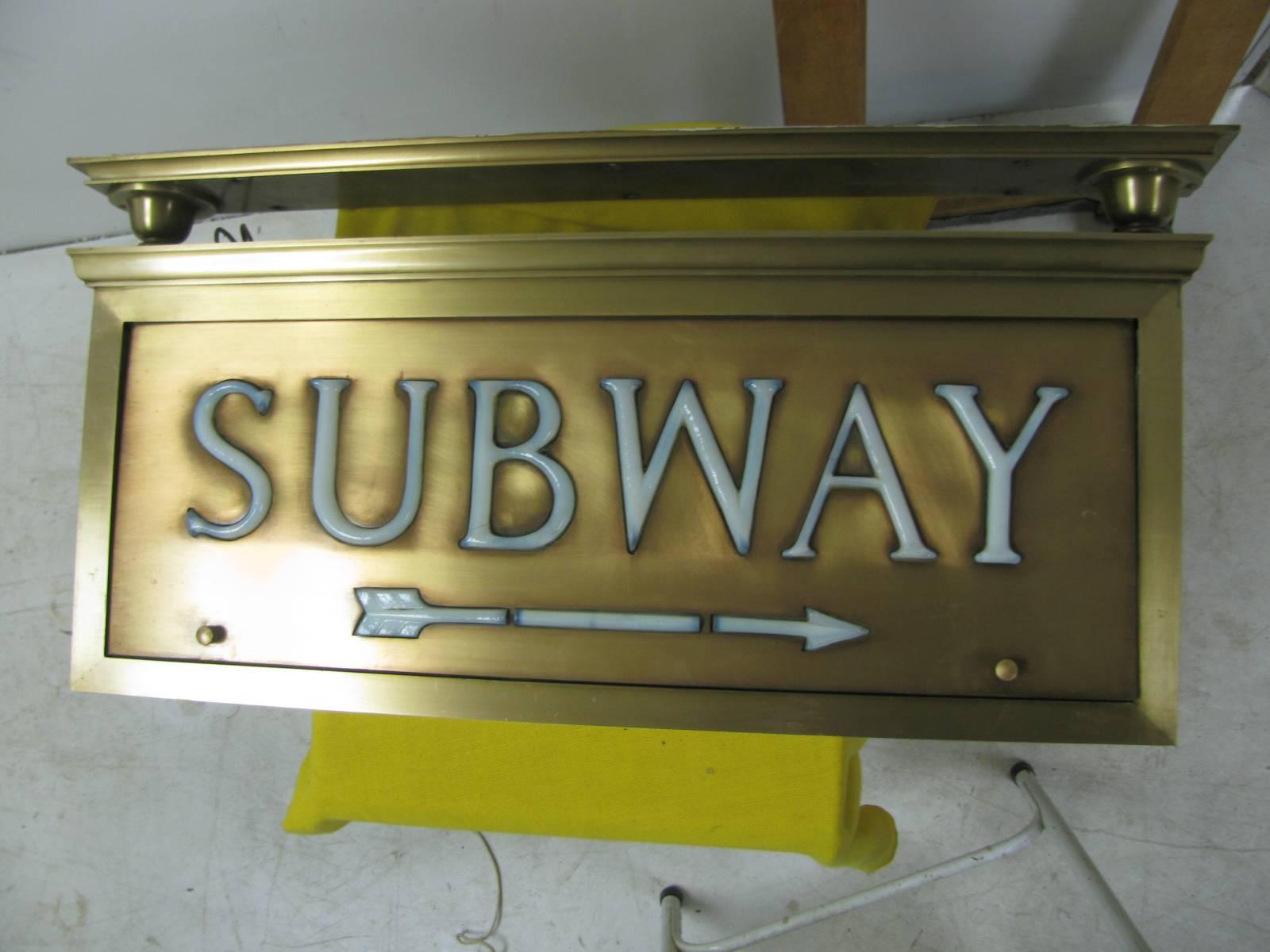 Industrial Brass With Tiffany Glass NYC Electric Subway Sign, circa 1920
