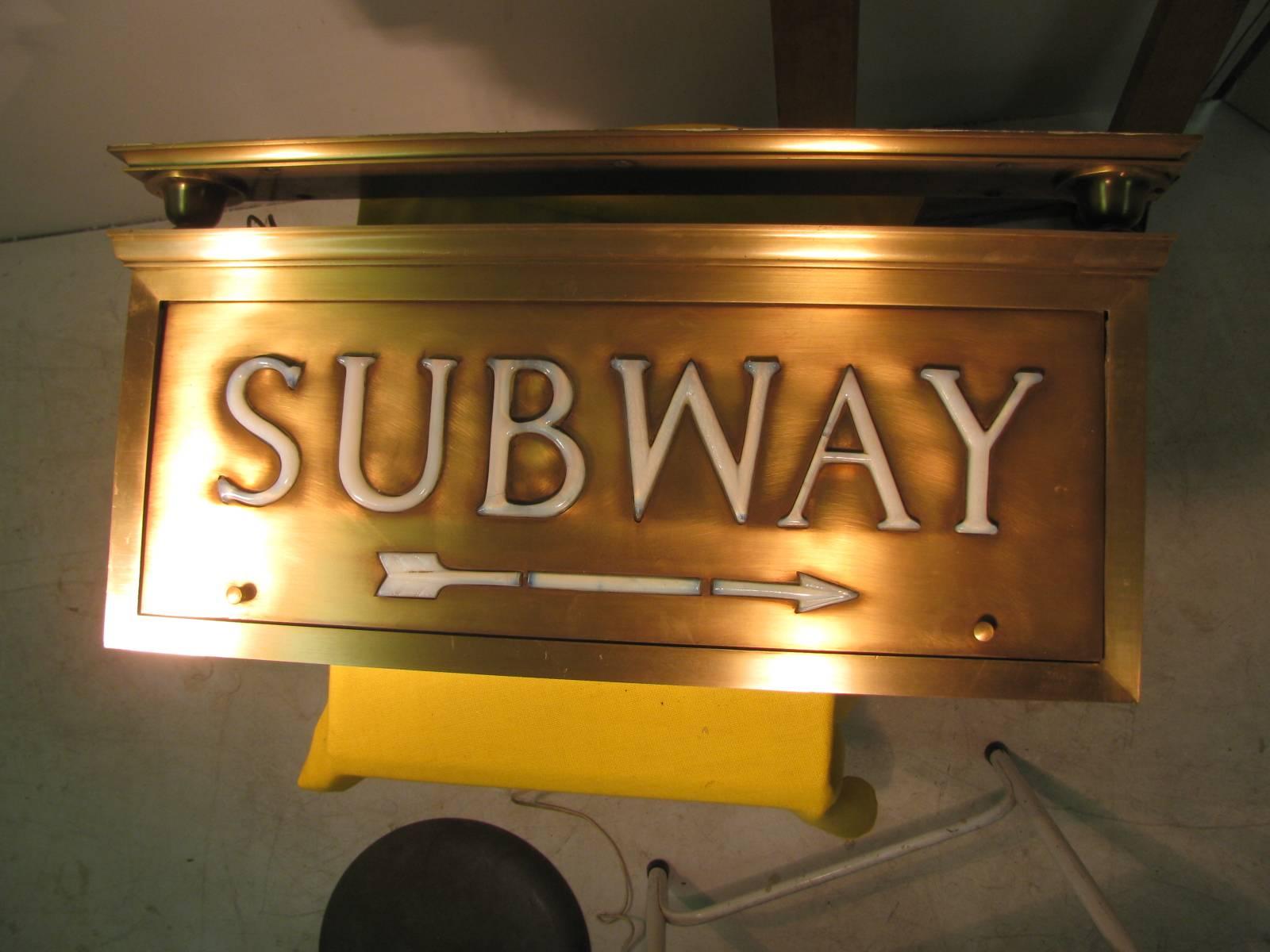 American Brass With Tiffany Glass NYC Electric Subway Sign, circa 1920